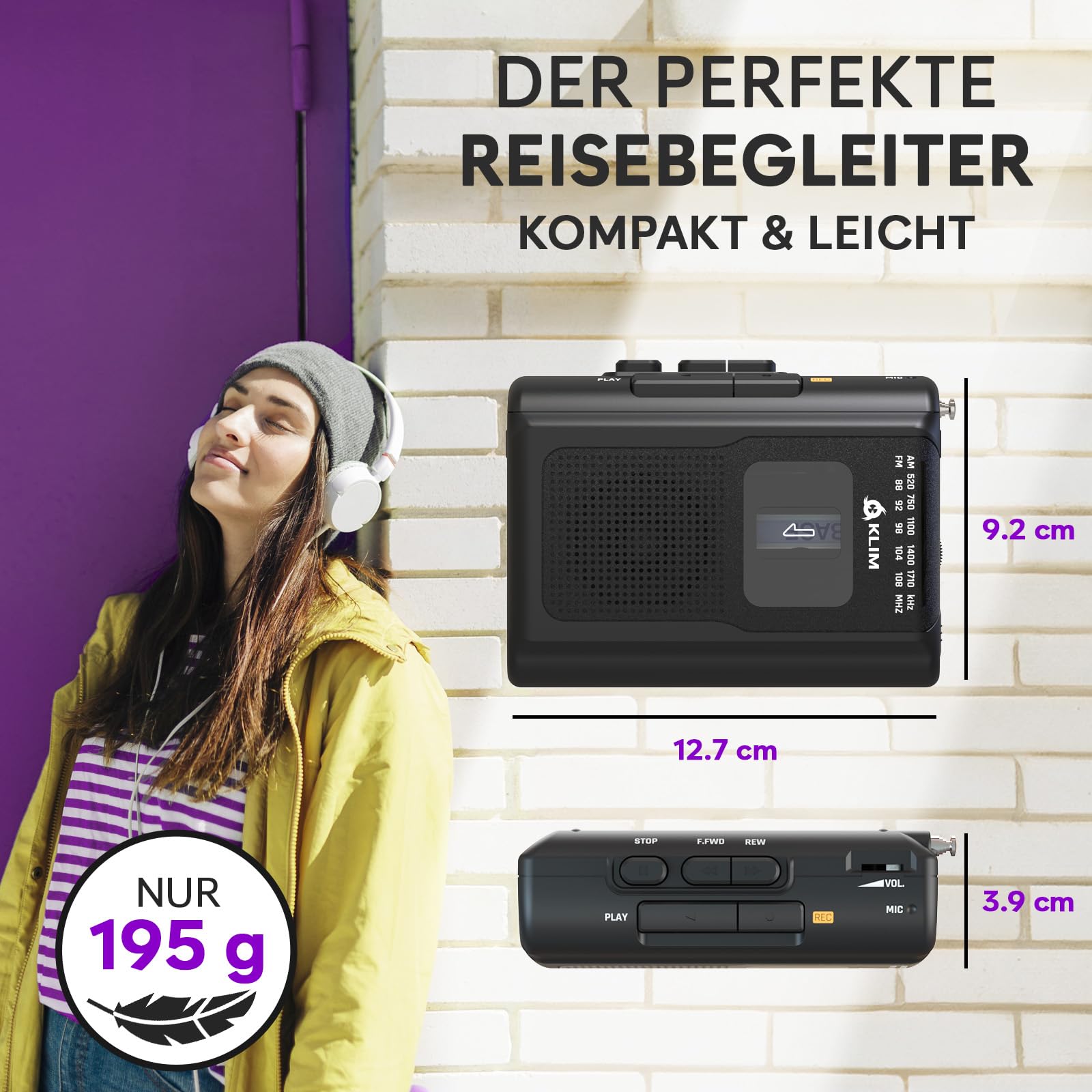 KLIM K8 Kassettenspieler - Kassettenrekorder - NEU Cassette Player - AM/FM Kassettenradio - Eingebautes Mikrofon & Lautsprecher - Kopfhöreranschluss & Ohrhörer - Schwarz