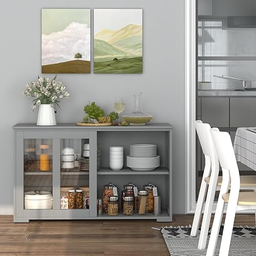 Miniatura 7 de COSTWAY Aparador de buffet con almacenamiento, armario de piso de 2 puertas con gabinete deslizante de vidrio templado y estante ajustable, armario