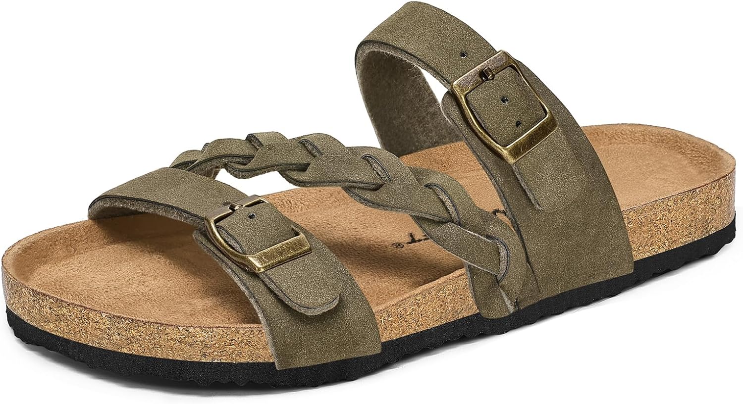 mysoft Womens Braided Cork Sandals Flat Adjustable Buckle Slides Slip-On Summer Shoes