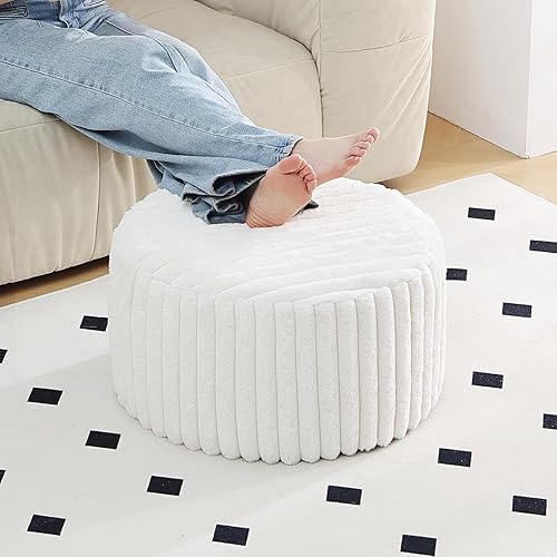 Miniatura 16 de Tiita Puf Otomán Redondo Relleno, Pufs de Piel Sintética a Rayas con Relleno de Trozos de Espuma, Puf Peludo y Esponjoso de 21 x 21 x 12 pulgadas,