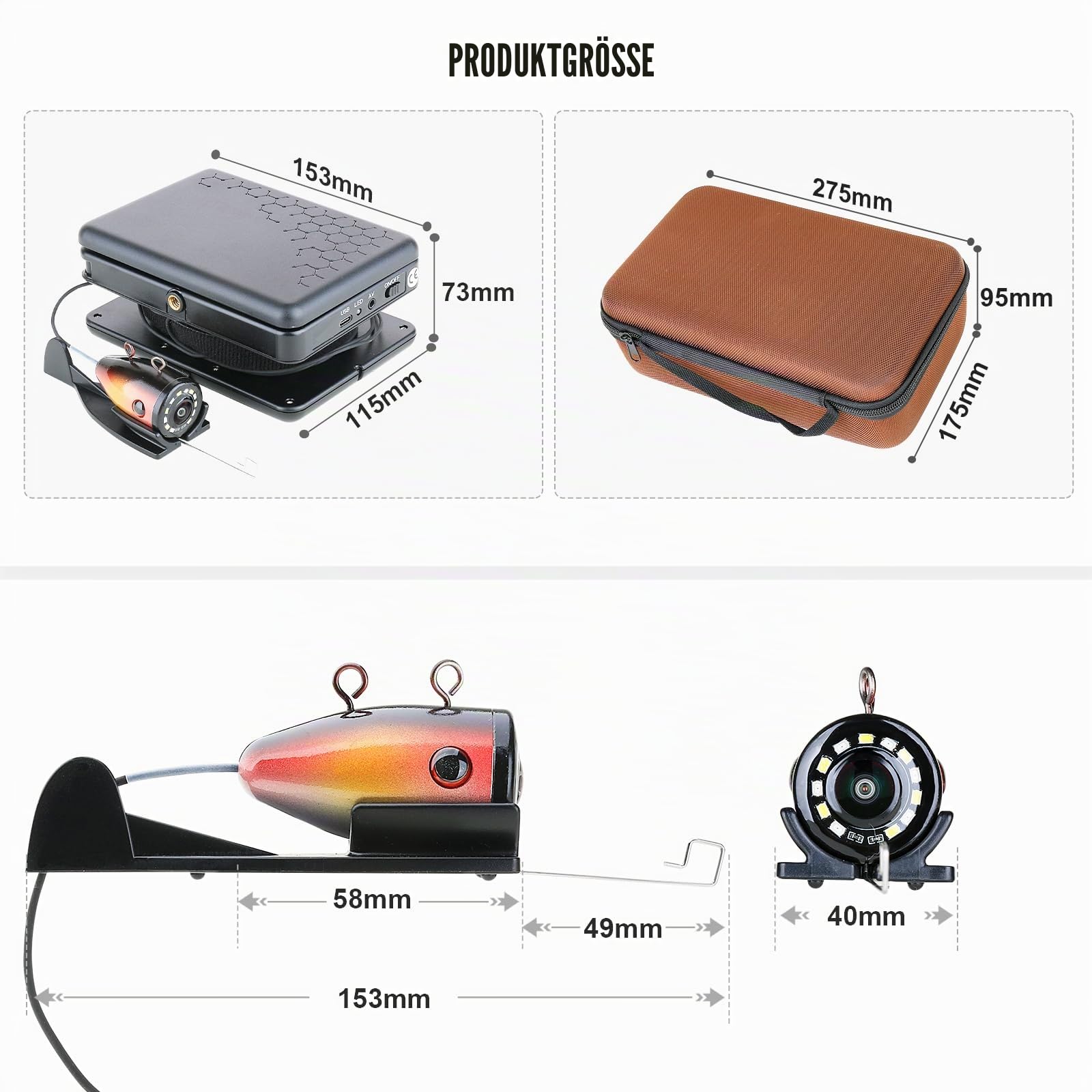 Tragbare Angelkamera, 5 Zoll Unterwasser mit 12 LEDs Licht, HD 1000TVL Wasserdicht Unterwasserkamera für EIS See Boot Angeln