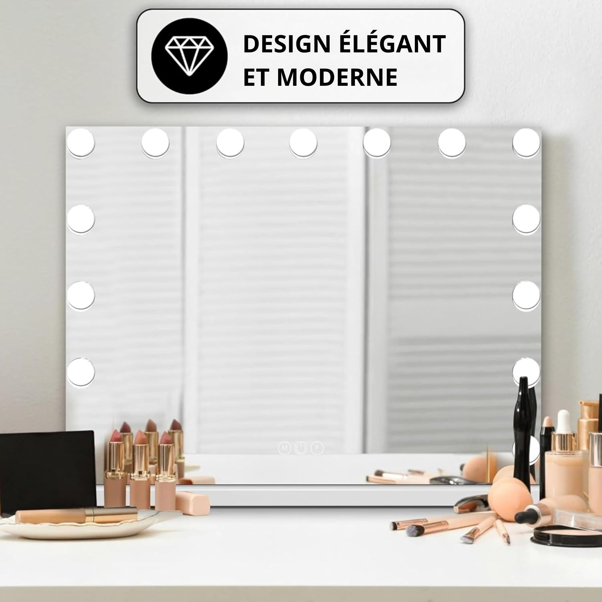 Bayt Miroir Hollywood Lumineux Grande Taille | 58x46 CM Miroir Coiffeuse Éclairage LED 3 Couleurs avec Commande Tactile Dimmable | Grand Miroir Maquillage pour Chambre, Blanc