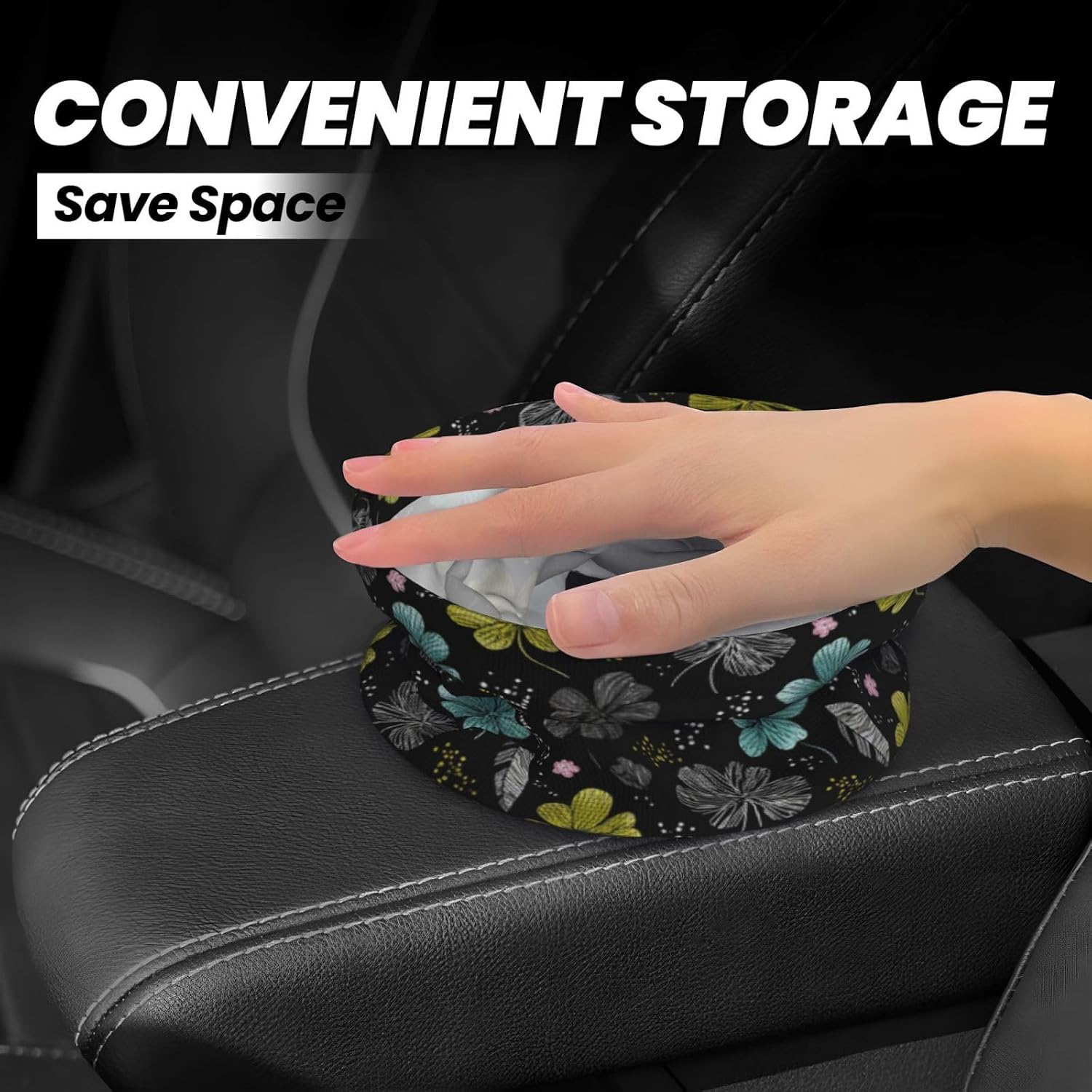 Black Floral Car Trash Can 7x5.9 in,Hanging Garbage Bin Reusable Auto Waste Container Leak Resistant Storage Bag for SUV Truck Rv Seat Back Console Door Organizer image 4