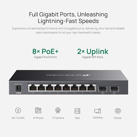 TP-Link 8-Port Gigabit Ethernet Smart PoE Switch with 2-SFP Slots 53W (TL-SG2210P)