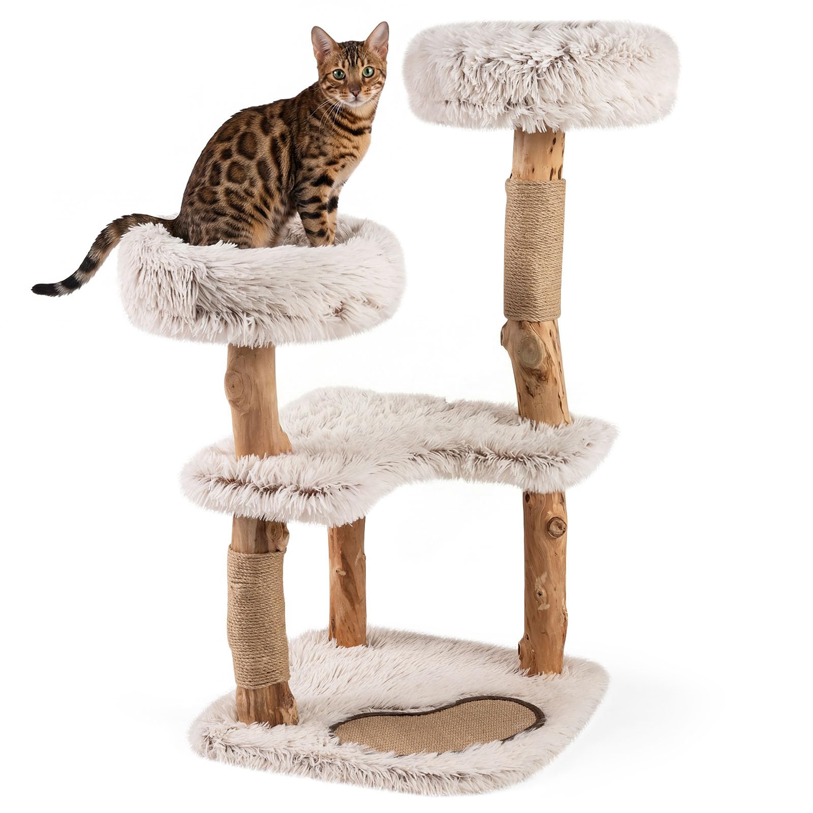 COSTWAY 101 cm Árbol Rascador para Gatos de Madera Maciza, 4 Plataformas Acolchadas de Felpa, Postes Rascadores y Alfombrilla, Torre Rascador para Gatos en Forma de Ramas de Bohemio para Interior
