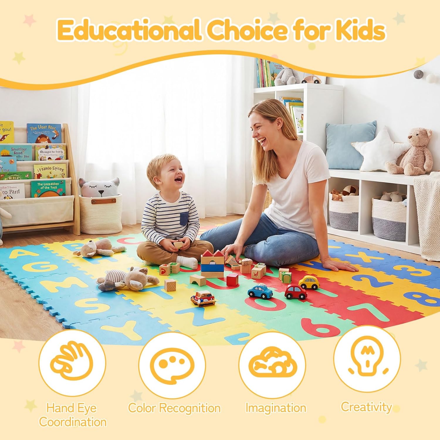HONEY JOY Foam Floor Tiles for Kids, 12.5” x 12.5” EVA 36-Piece Interlocking Alphabet & Numbers Play Mat, Non-Slip Large Soft Puzzle Carpet Rug, Easy to Clean, for Baby Crawling Exercise, Playroom
