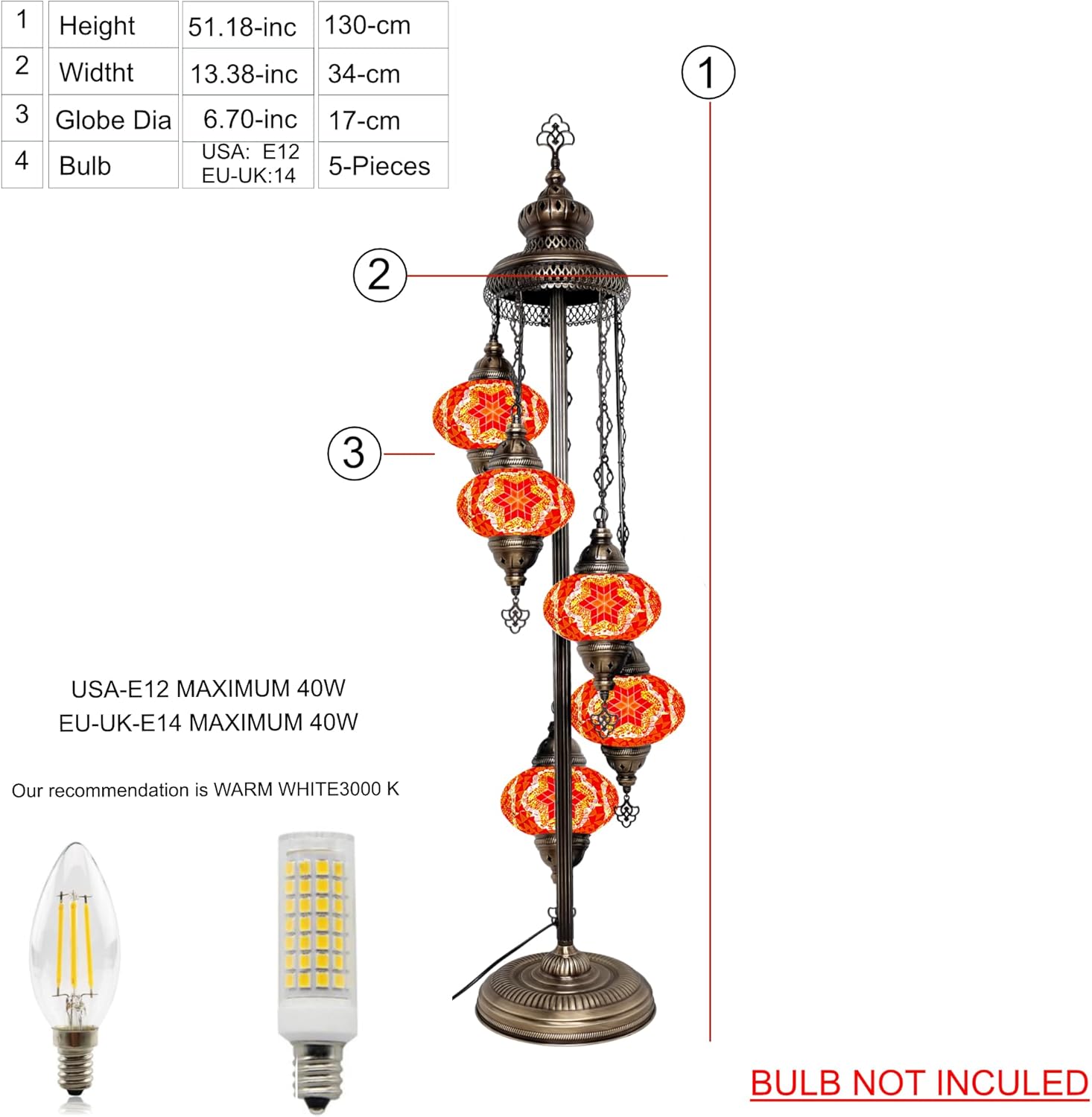Turkish Mosaic Glass Big 7'' 5 Globe, Bohemian Floor Lamp with Stained Glass Shade - Unique Art Deco Corner Light - Moroccan Design - Tiffany Style Nightstand Lamp for Living Room (Orange Flower)