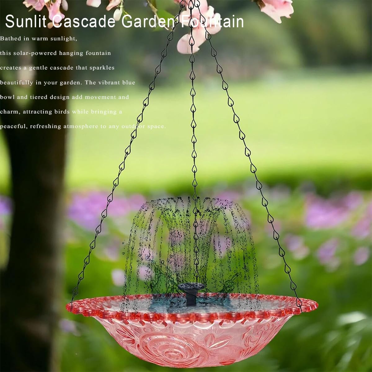 Solar Cascade Hanging Bird Bath Fountain, Outdoor Bathable Bird Feeder, No Wiring or Power Required, Attract Wild Birds & Hummingbirds, for Outdoor Garden, Terrace Decoration (Pink, Double Layer)