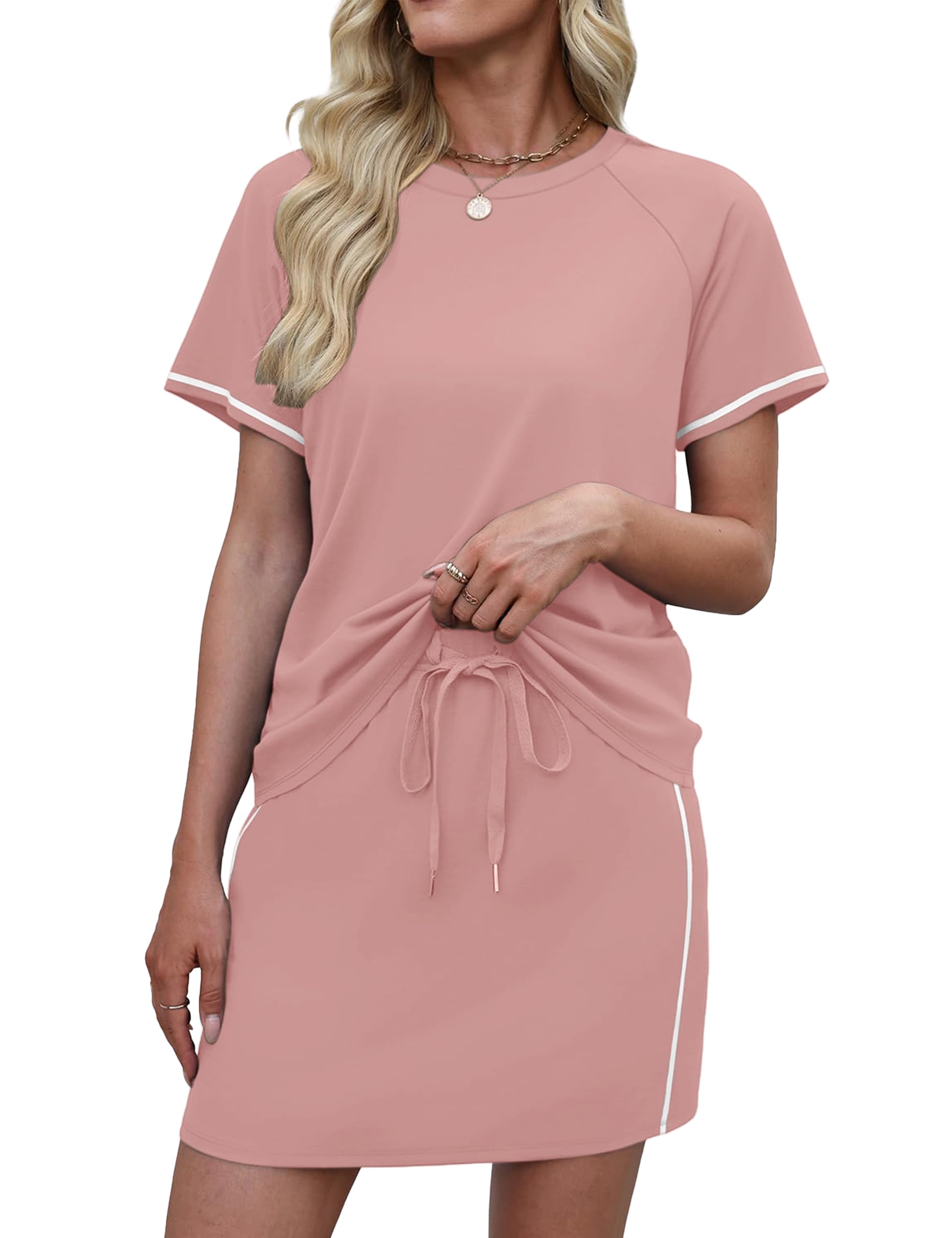 Desol Chándal de verano de dos piezas para mujer, falda de tenis hasta la rodilla, falda de tenis con pantalones cortos integrados y dos bolsillos, adecuado como falda de golf o falda deportiva