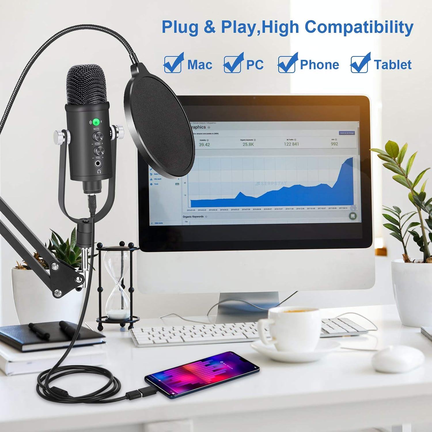 Professional USB Microphone Kit, Podcast Condenser Mic for Mac/PC/Smartphone, Low Noise Microphone with Mute key for YouTube, Recording, Gaming, Streaming, Mic Bundle with Adjustment Arm Stand