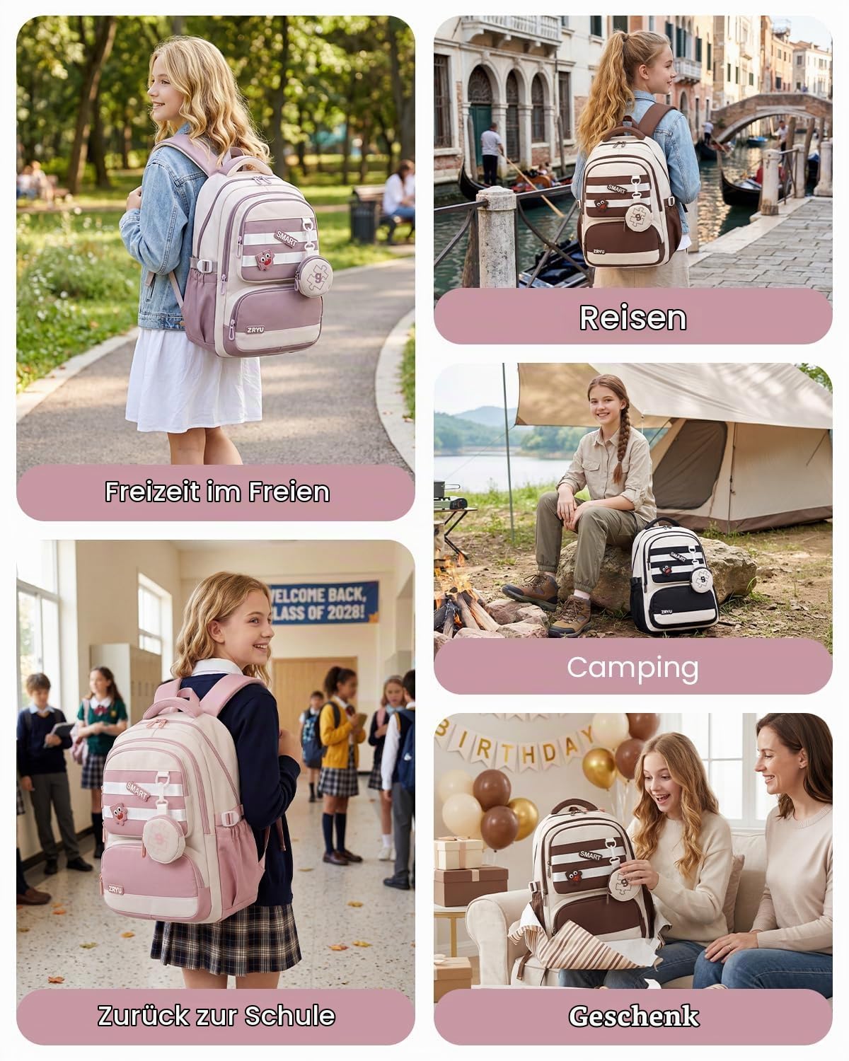 Amythe Schulrucksack für Mädchen Teenager, Großer Rucksack Schule mit 15,6" Laptopfach, Leichte Wasserdichter Schultasche Mädchen 3.-9. Klasse, Lässiger Tagesrucksäcke, Rosa
