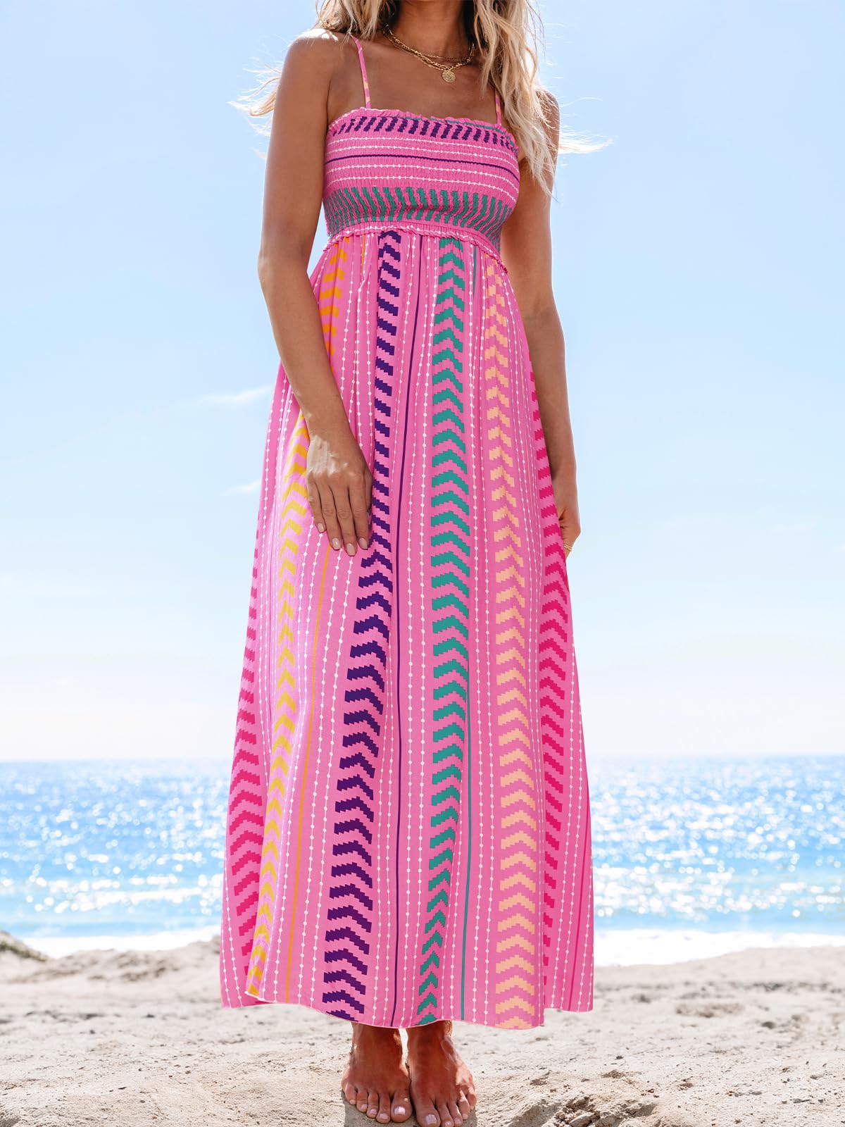 CUPSHE Damen Sommerkleid Blumenmuster Gesmokt Ärmellos Maxikleid Rüschen Spaghettiträger Lang Freizeitkleider