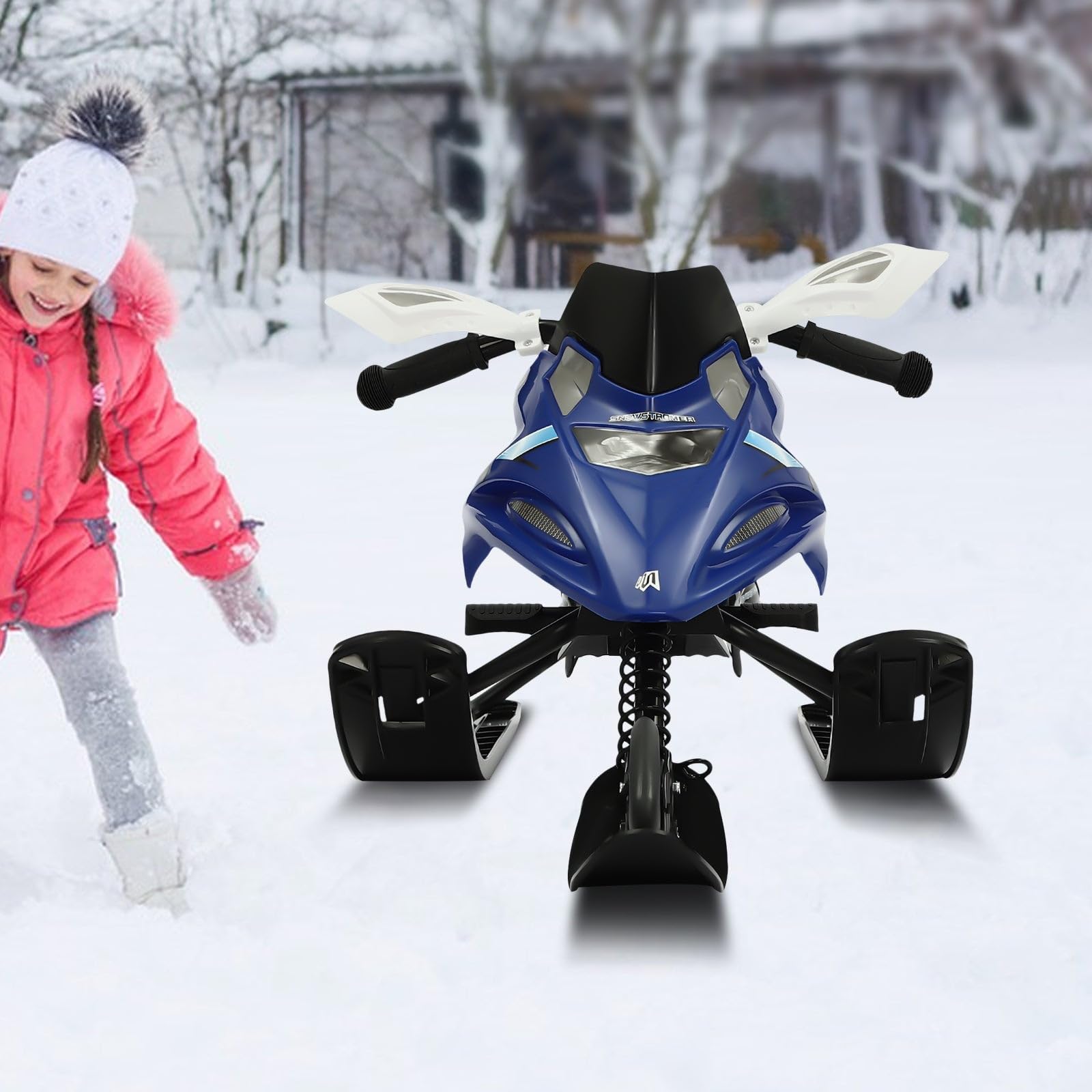 Slitta da neve con freno, corda di trazione, ammortizzatore, fino a 80 kg, blu