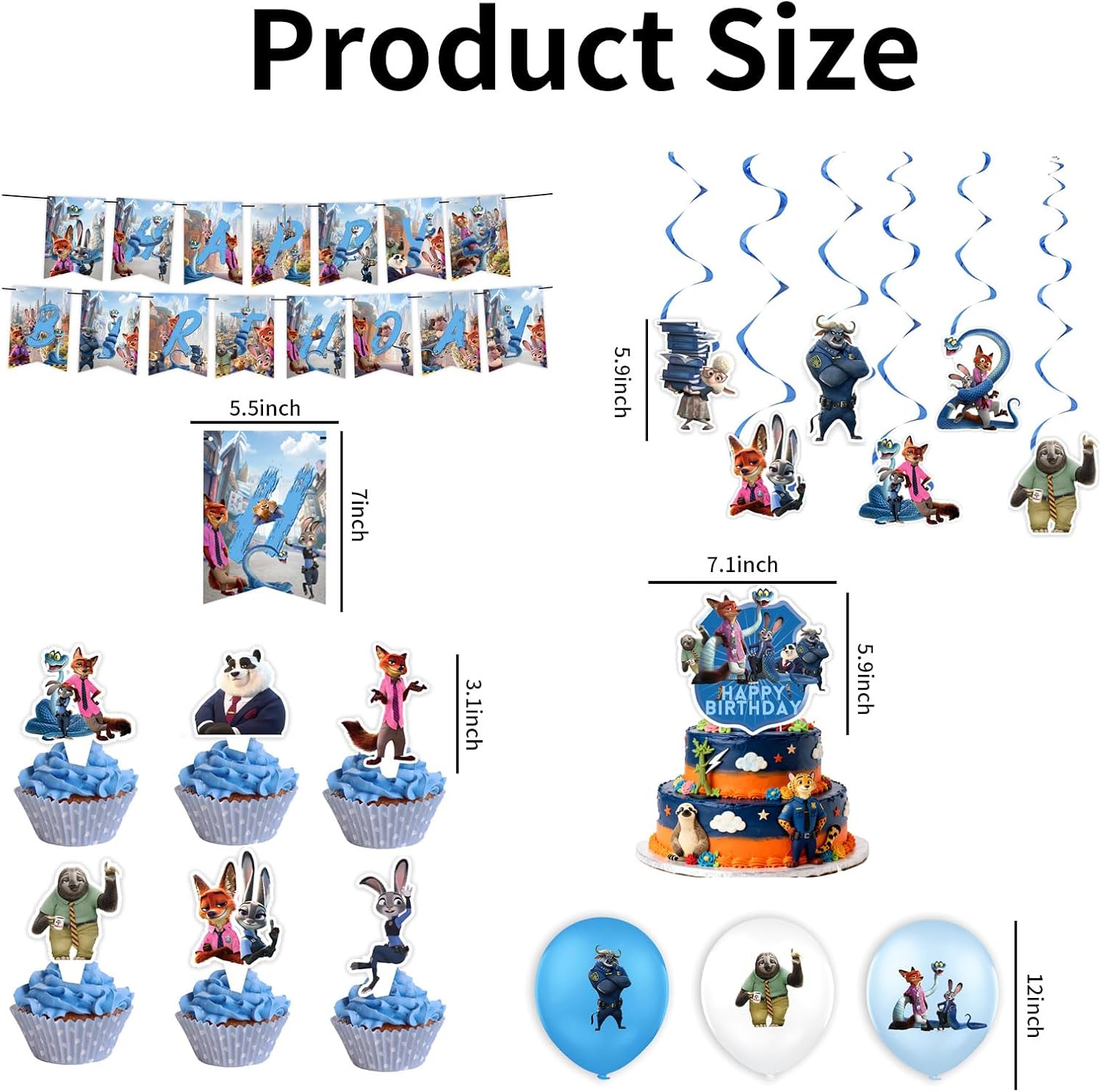Cartoon Movie Theme Party Supplies, Cute Animal Birthday Party Decorations Set Include Happy Birthday Banner, Balloons, Hanging Swirls, Cake Toppers - Image 7