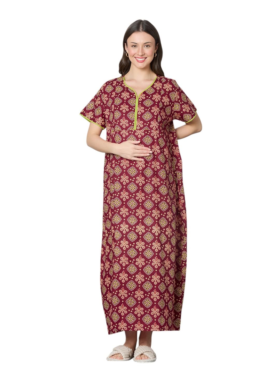 momtobe Women's Cotton Printed Feeding Maternity Nighty | Nursing Gown with zips on Both Sides-picture-14