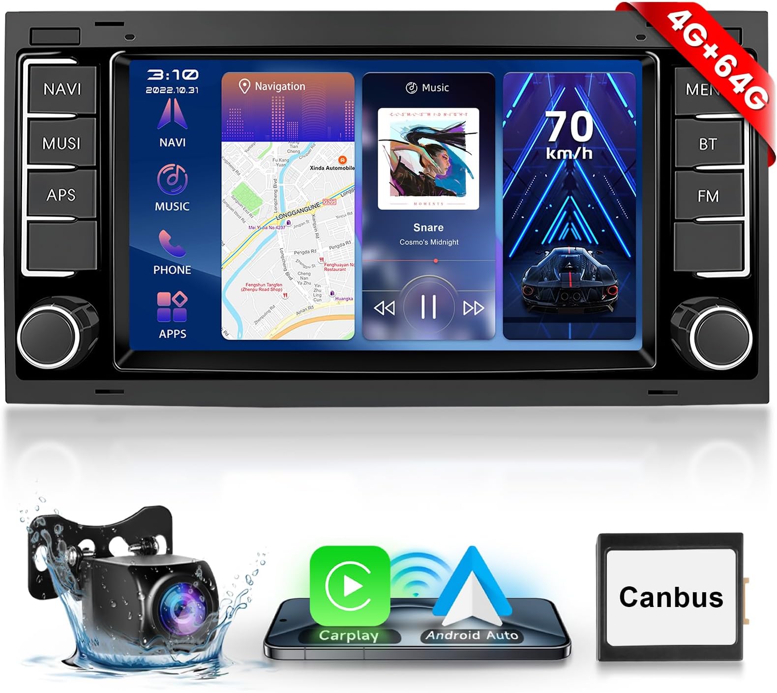 Hodozzy Carplay Car Radio for VW Touareg 2004-2011 Transporter T5 Multivan 2004-2009 with Navi/WiFi, 9 Inch VW Car Radio 2 DIN Bluetooth with Android Car/32 EQ/FM/RDS/SWC/USB + Reversing Camera
