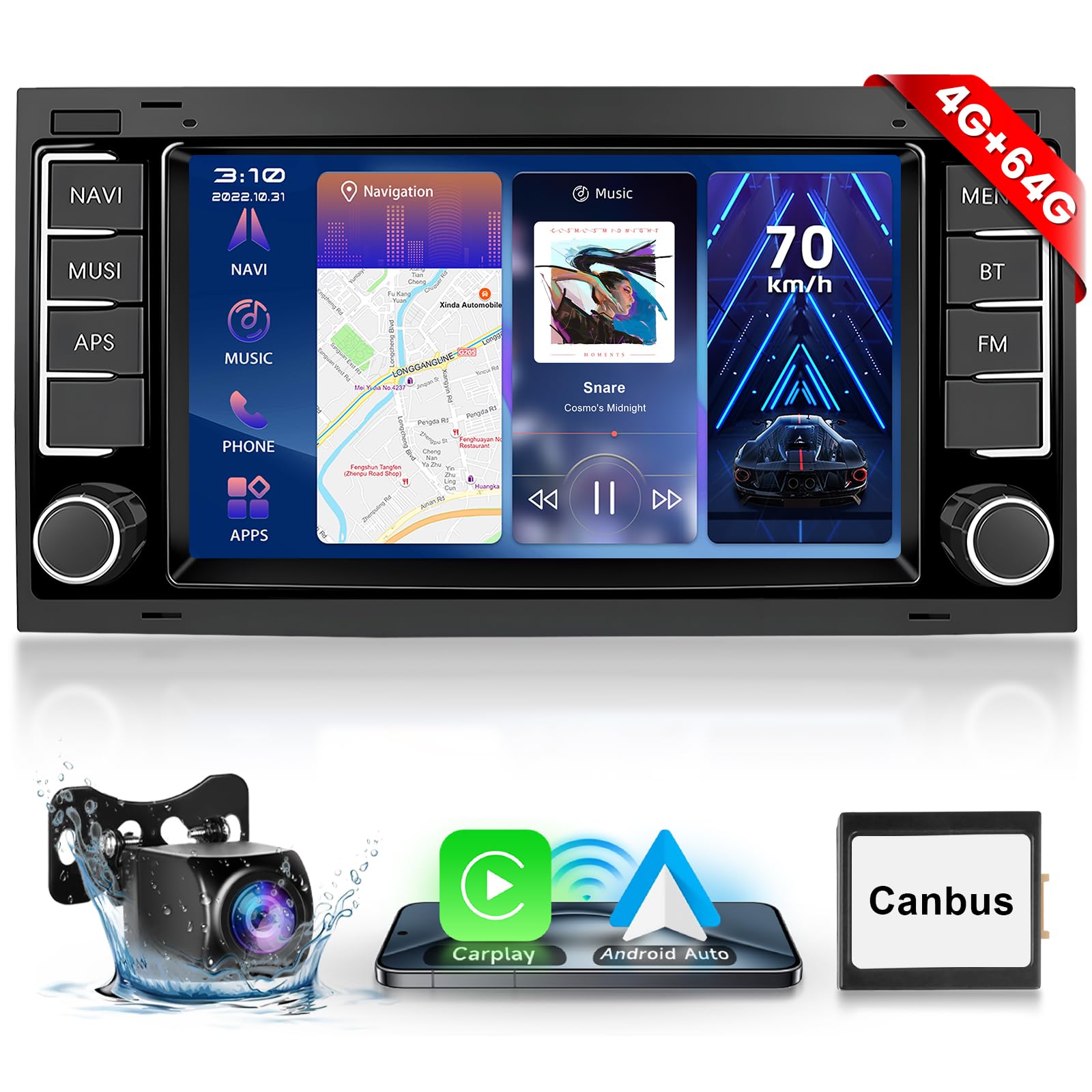 Hodozzy Carplay Car Radio for VW Touareg 2004-2011 Transporter T5 Multivan 2004-2009 with Navi/WiFi, 9 Inch VW Car Radio 2 DIN Bluetooth with Android Car/32 EQ/FM/RDS/SWC/USB + Reversing Camera