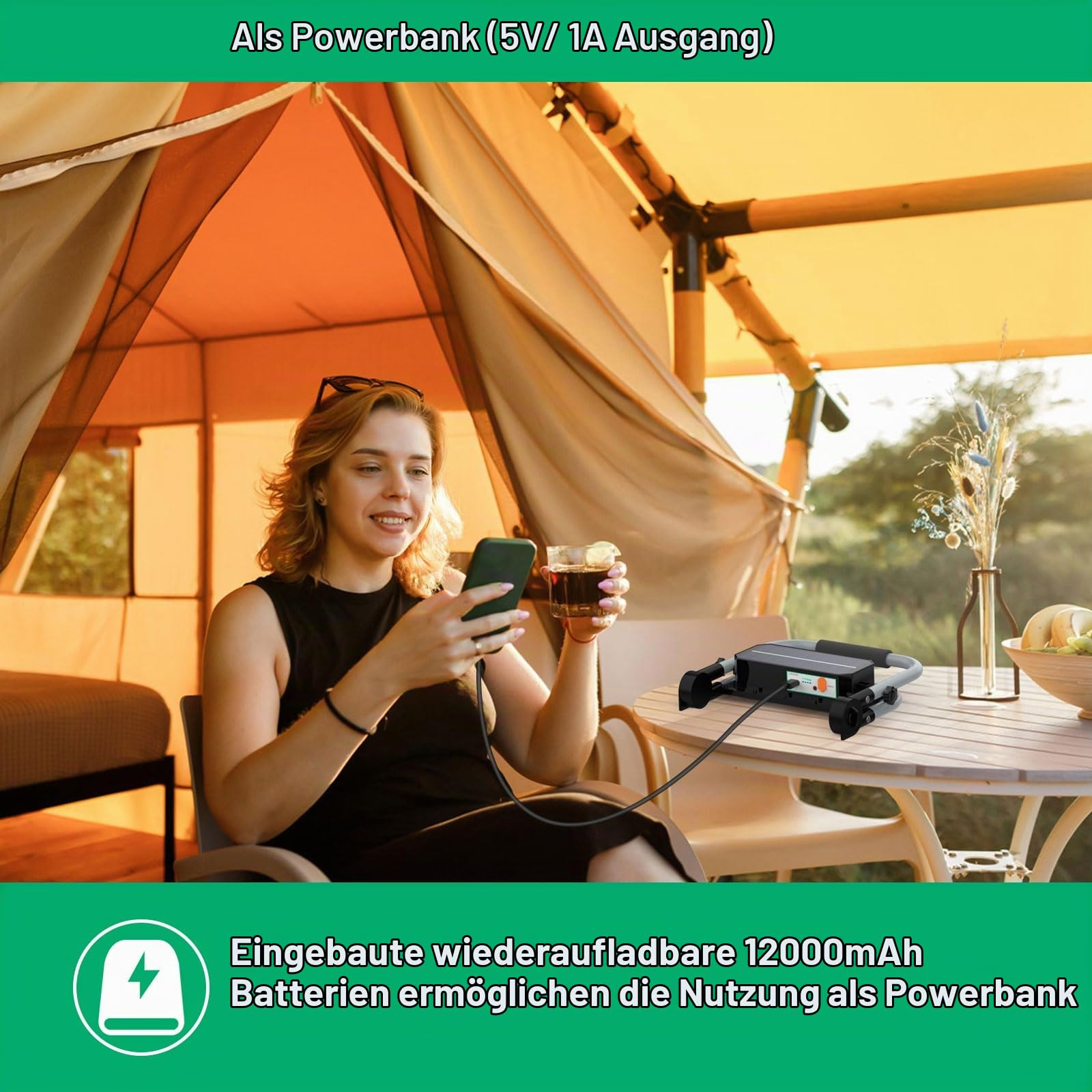 ERAY Solar 10000LM LED Baustrahler Akku 12000mAh mit 5 Lichtmodi | 350 LEDs, 2 Lademethoden, Timing-Funktion, Tragbarer Campinglampe und Arbeitsleuchte für Camping, Garage, Notfall, Werkstatt
