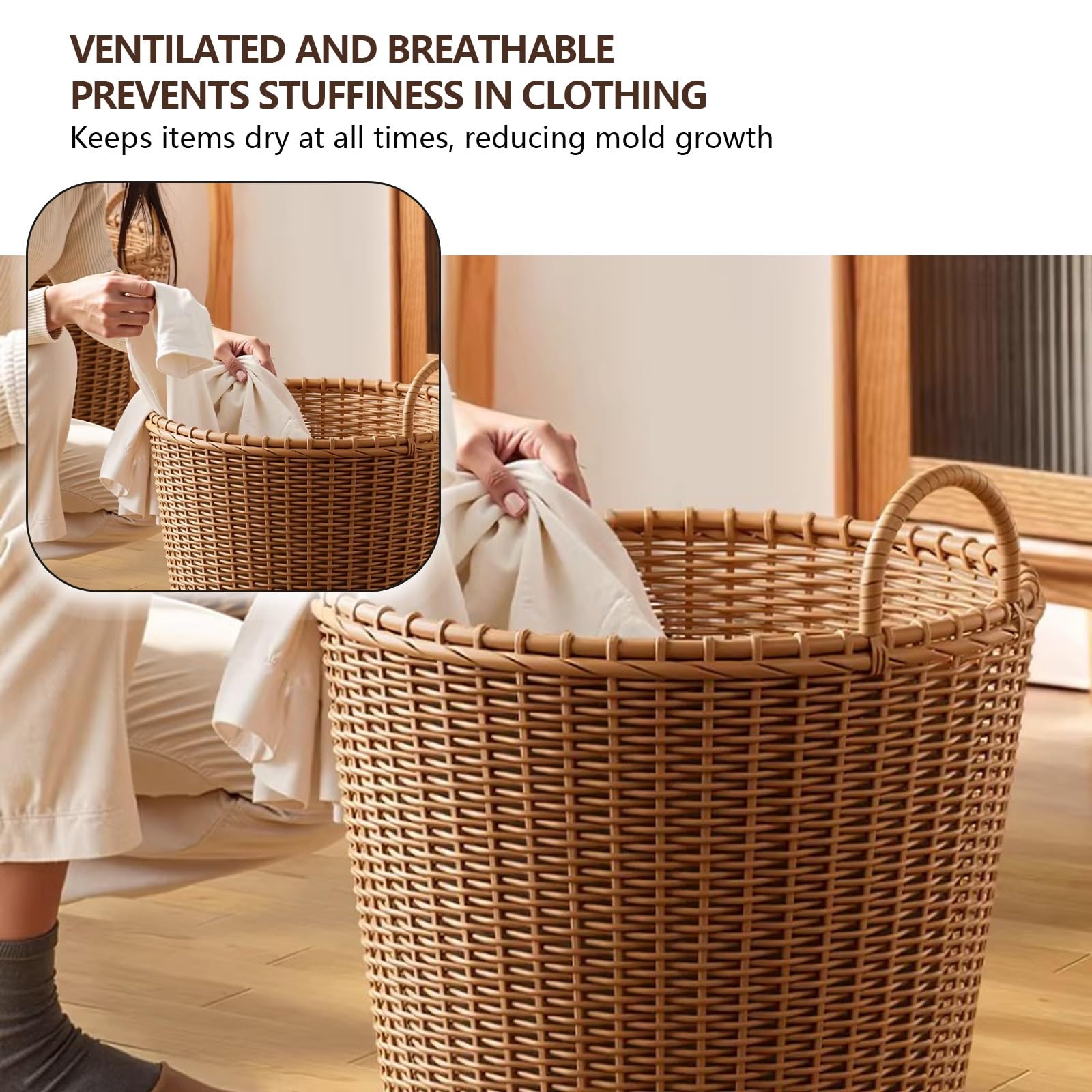 Cesto Portabiancheria Intrecciato, Cesto Biancheria Sporca Rotondi in Finto Rattan, Cesti Multifunzionali con Manici, per L'organizzazione e L'arredamento Della Casa(40x38cm/15.7x14.9in)