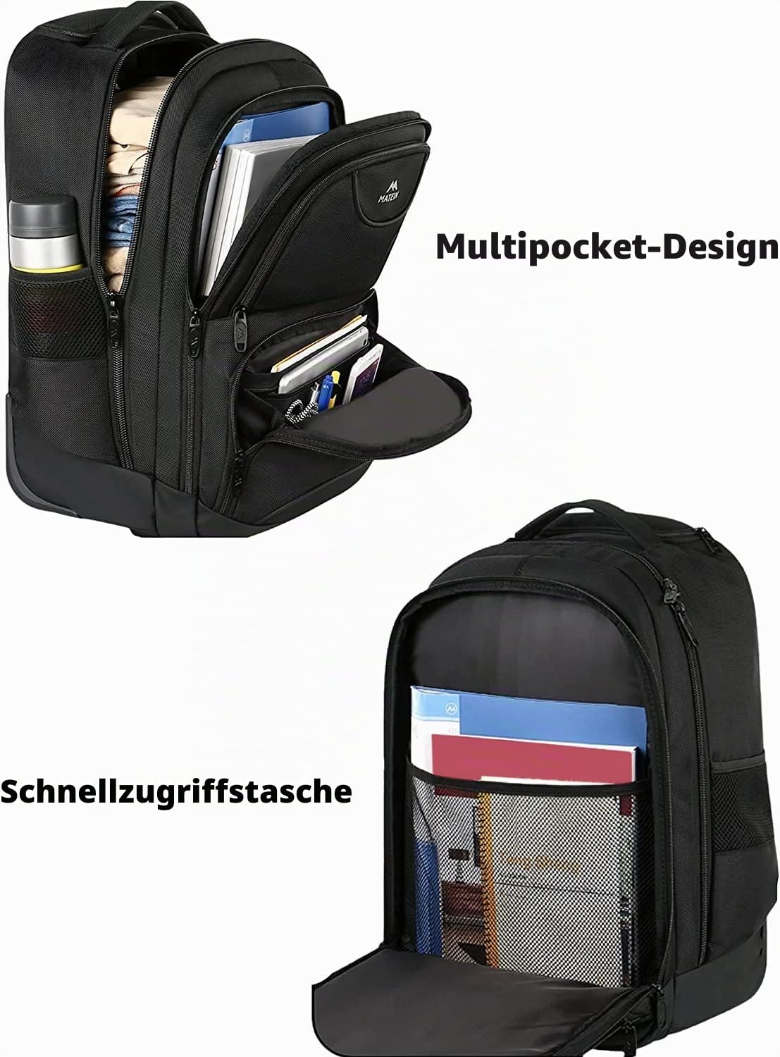MATEIN Trolley Handgepäck Rucksack, Business Trolley Koffer Groß, Rucksack Mit Rollen 18 Zoll Reisetasch, Pilotenkoffer Reiserucksack für Flugzeug Arbeit Reisen, Schwarz