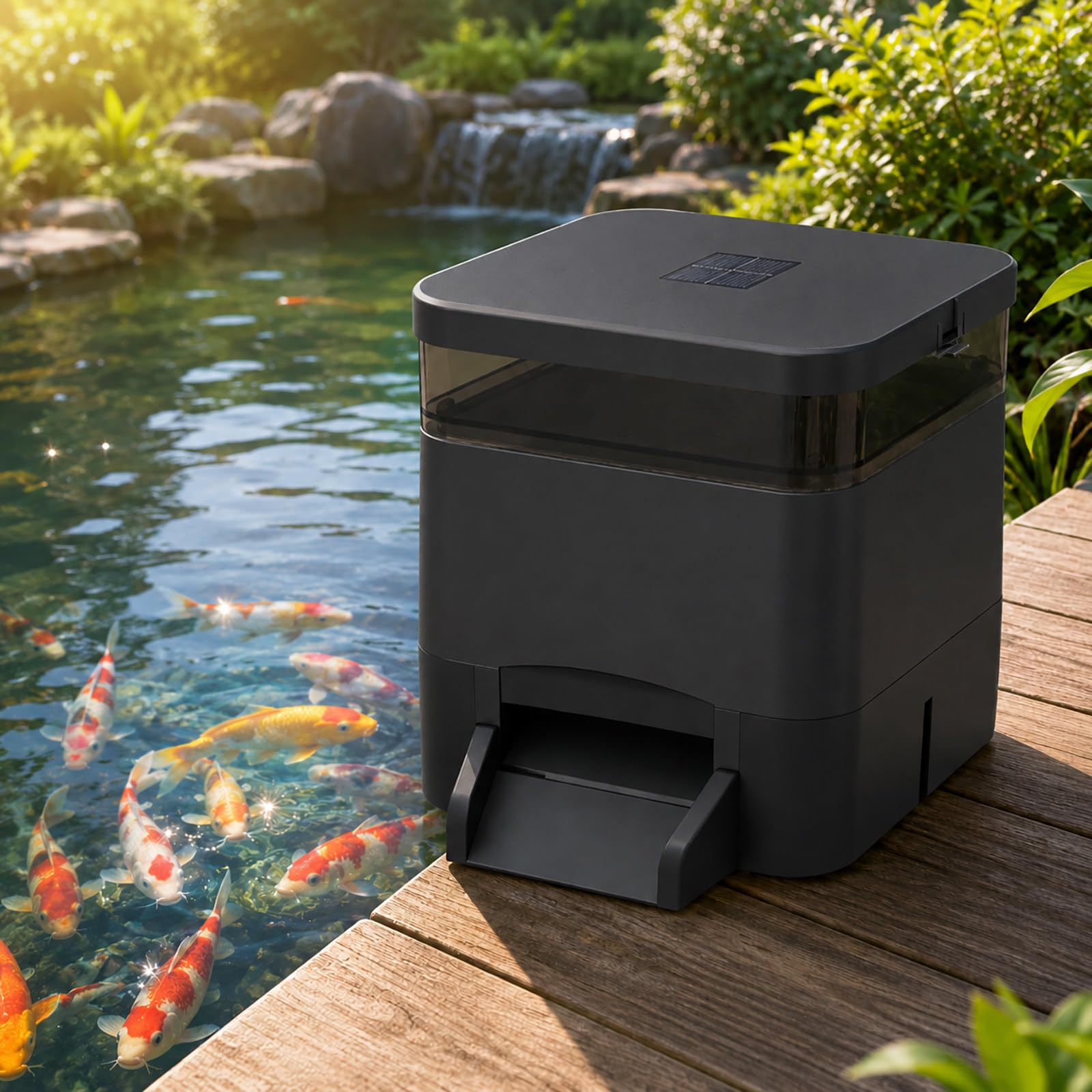 Fischfutterautomat Teich 4 L - Solar Futterspender für Koi mit 1 bis 12 Fütterungen pro Tag Black