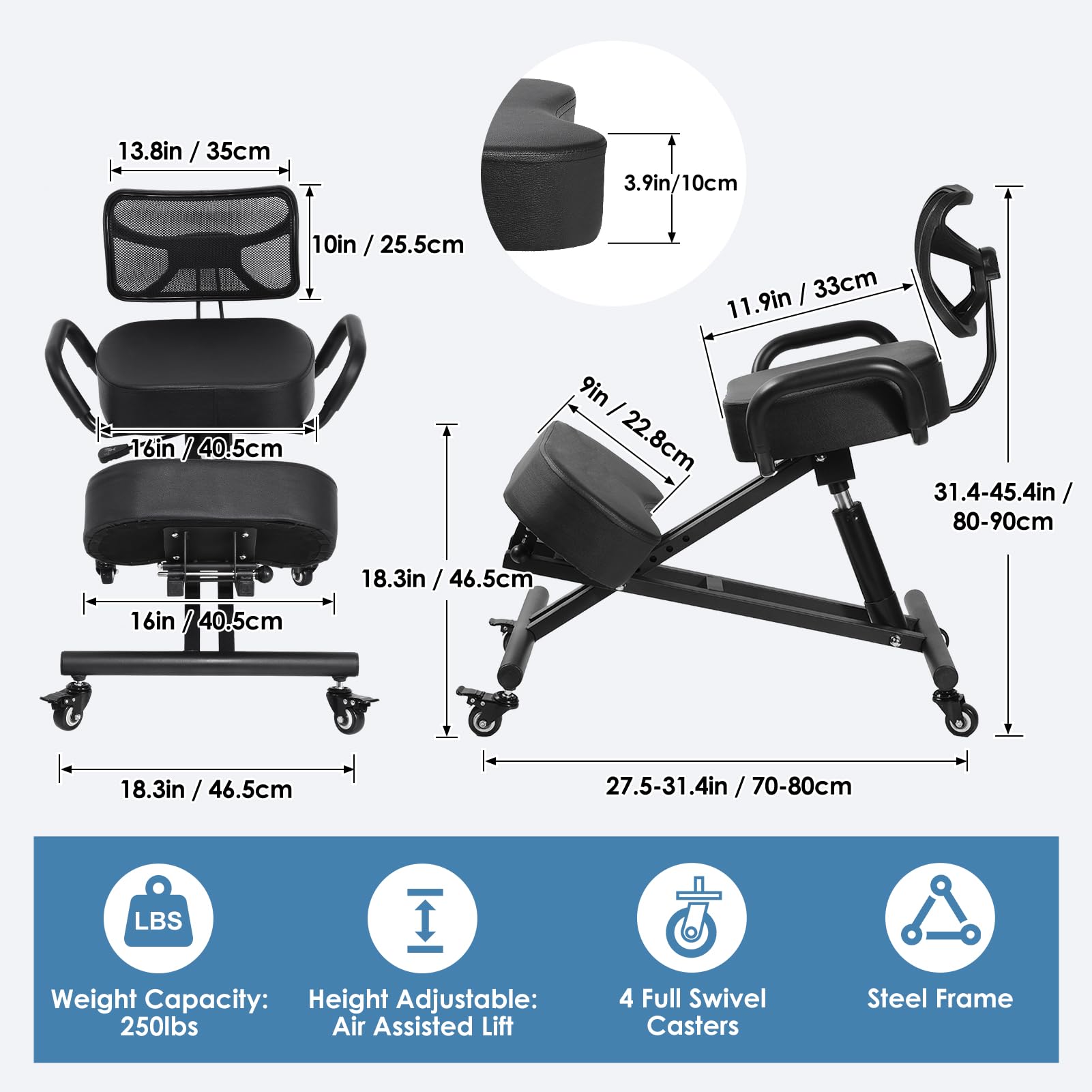Silla ergonómica con Respaldo | Altura Regulable 57 – 67 cm & Acolchado de Malla Transpirable | 4 Patas y Asiento Estable 100 kg Taburete para Oficina, Dibujo y cosméticos