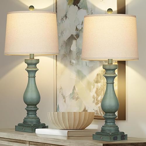 Miniatura 4 de Lámpara de mesa retro alta con puerto de carga y salida de CA, control táctil regulable, para dormitorio, sala de estar, verde retro, paquete de 2