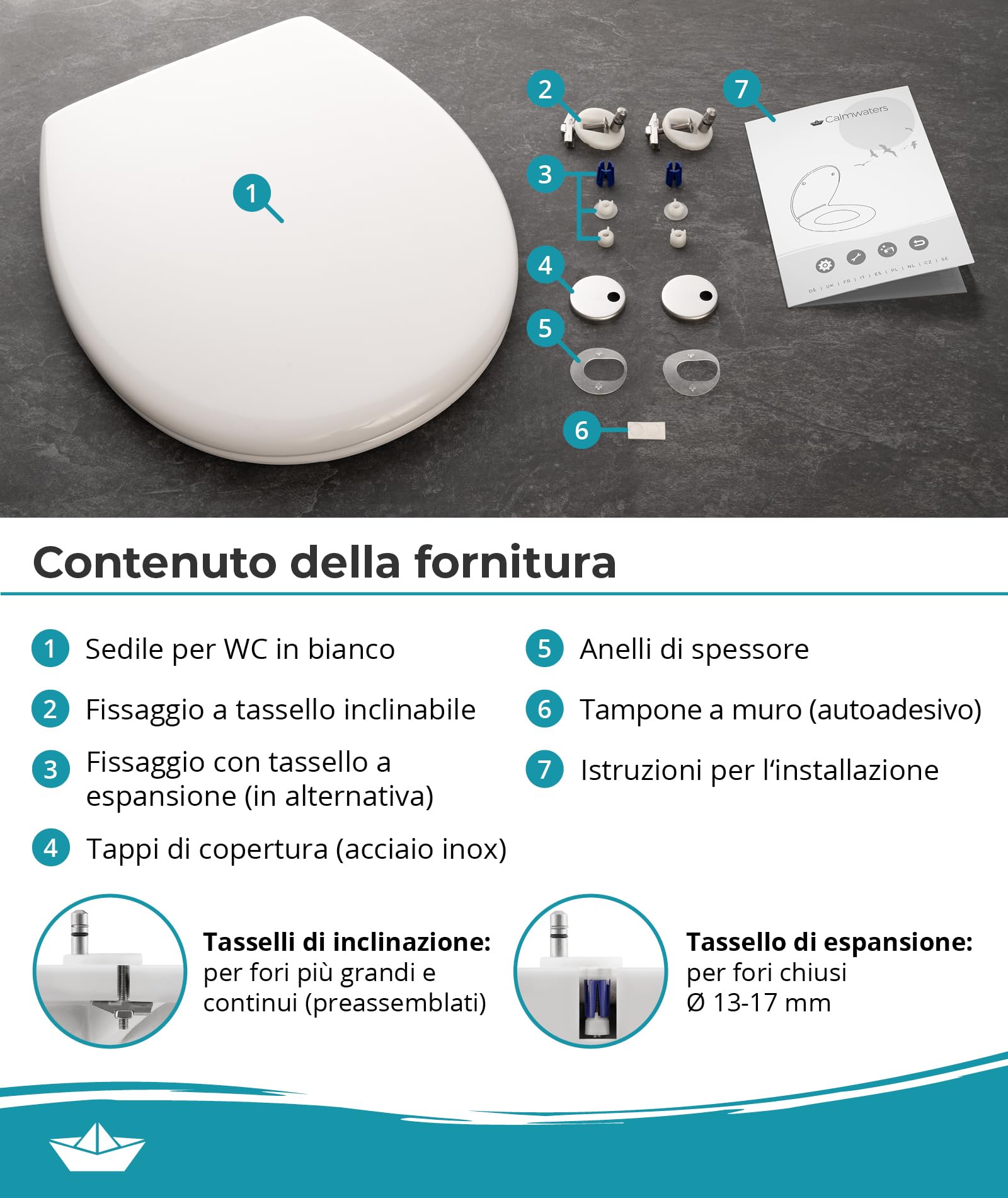 Calmwaters® Copriwater con abbassamento automatico, sedile WC facile da montare, fino a 250 kg, Made in EU, in Duroplast antibatterico, 2 modalità di fissaggio, rimovibili, occhialini ovali