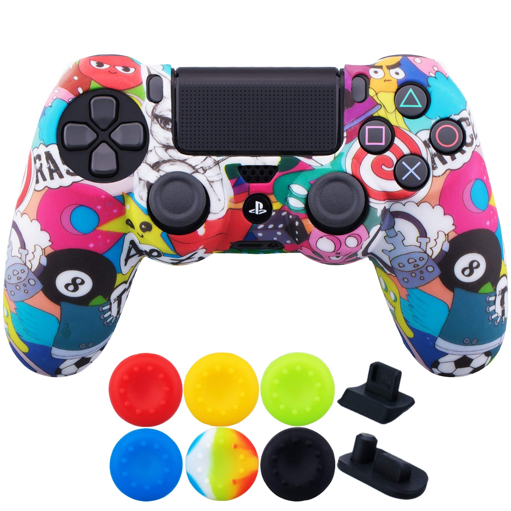 9CDeer 1 Piece of SiliconeTransfer Print Protective Cover Skin + 6 Thumb Grips & Dust Proof Plugs for PS4/Slim/Pro Controller Grimasse
