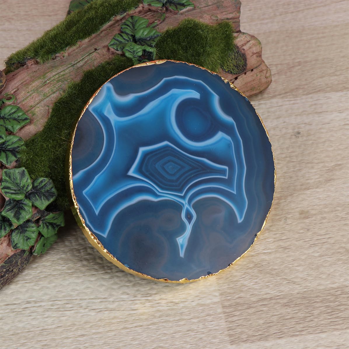 POPETPOP Sottobicchieri Creativi 4 Pezzi in Pietra di Agata Blu Rotondi Geometrici Isolamento Termico e Tappetino Antiscivolo per Ufficio e Tutte le Occasioni