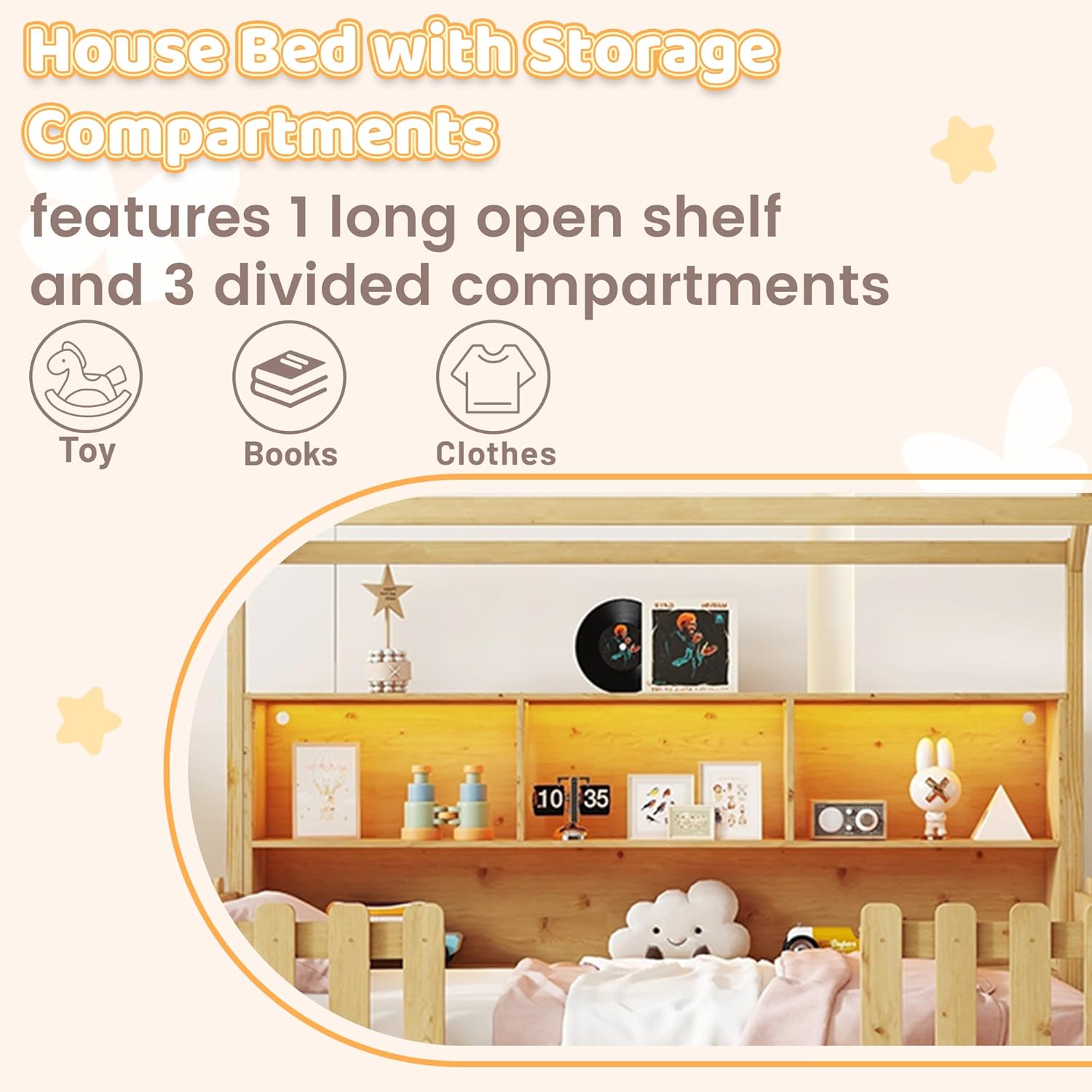 Mirightone Twin Floor Beds, Montessori Floor Bed with Storage Shelves & Fence, Wood Playhouse Bed Frame with LED Lights Strips for Teens, Girls, Boys, White