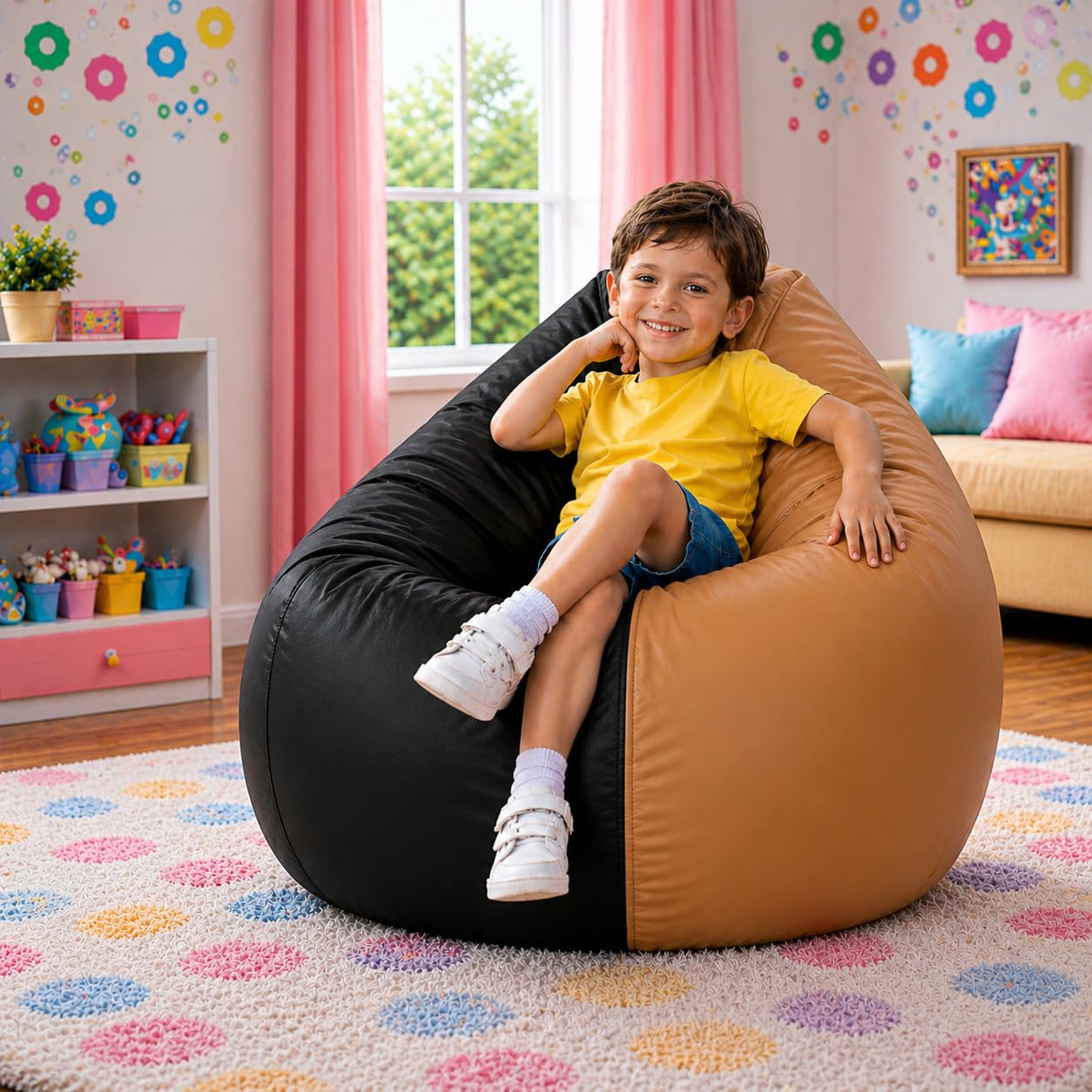 Kids Teardrop Bean Bag Cover Only with Side Pocket | Premium Leatherette Bean Bag Chair Cover for Boys & Girls | Soft, Durable & Lightweight Kids Seating Cover | Upto 100 Kg (Black::Camel,XXXL)-picture-19