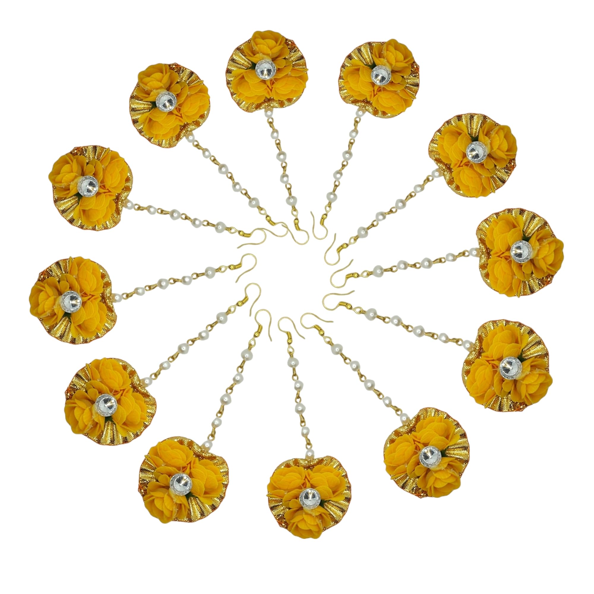 Flower Maang Tikka Set for Haldi, Mehndi, Baby Shower & Bridal Occasion | Floral Mangtika Set for Women, Girls & Bride (Pack of 12) Yellow-Red (Yellow) (B0D9DCJX7T) Amazon Price History, Amazon Price Tracker
