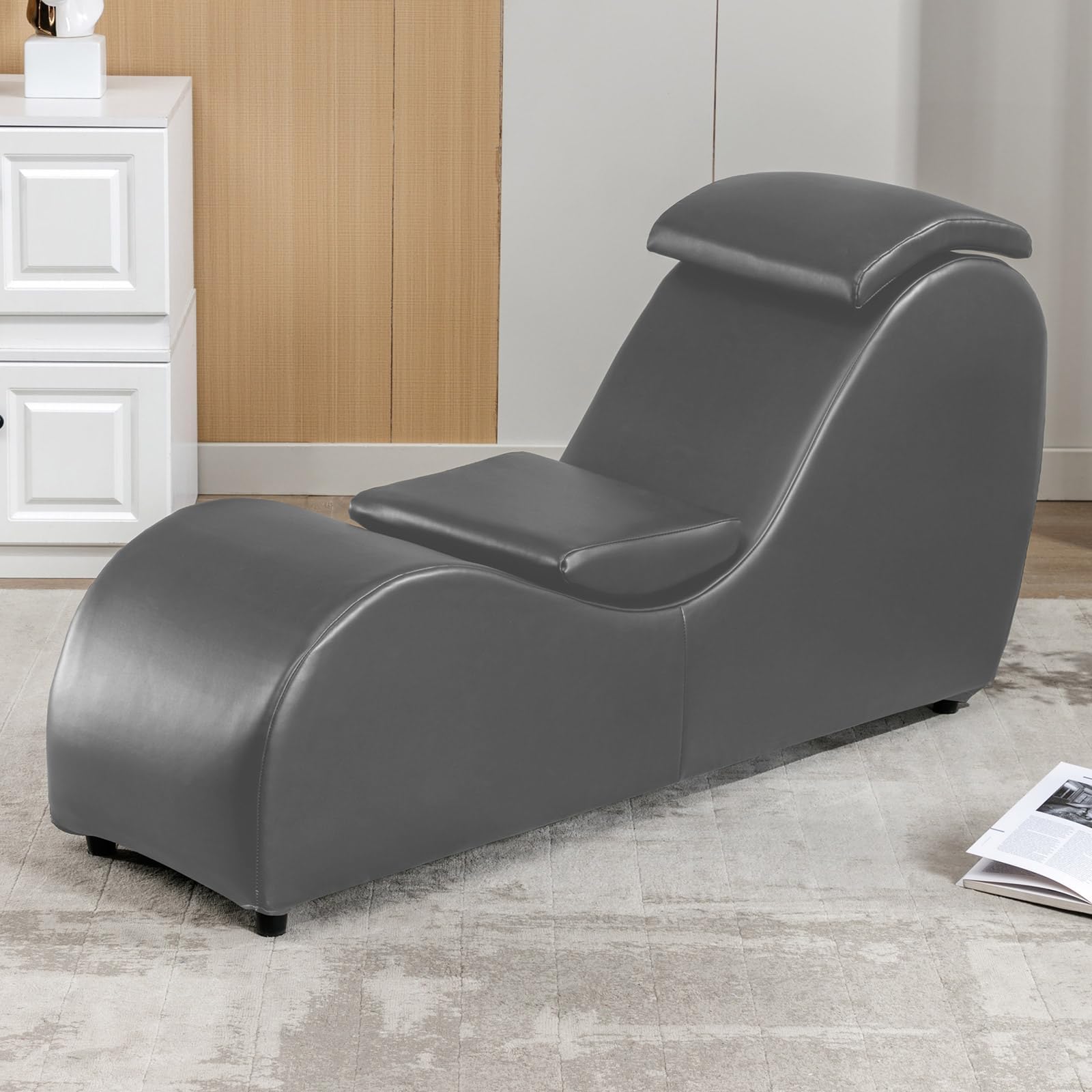 PUREMIND Faux Leather Curved Yoga Chair with Adjustable Head Cushion, Grey