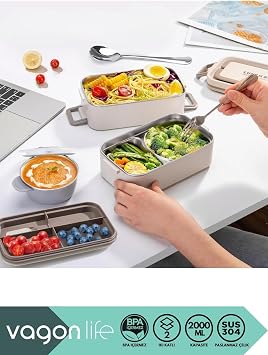 Vagonlife Bento 2000ml Lunchbox 2 Katlı 3 Bölmeli Mini Kaseli Çelik Sefer Tası Yemek Kutusu (Beyaz)