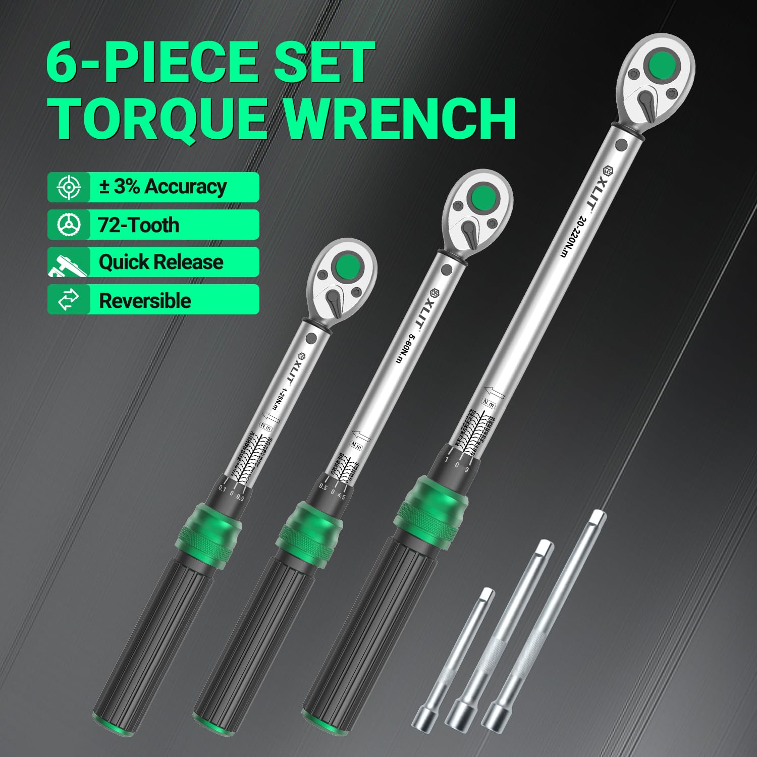 Set di 3 chiavi dinamometriche a scatto ± 3% precisione – 1/4" (1-25 Nm), 3/8" (5-60 Nm) e 1/2" (20-220 Nm), per riparazione di auto, moto e biciclette