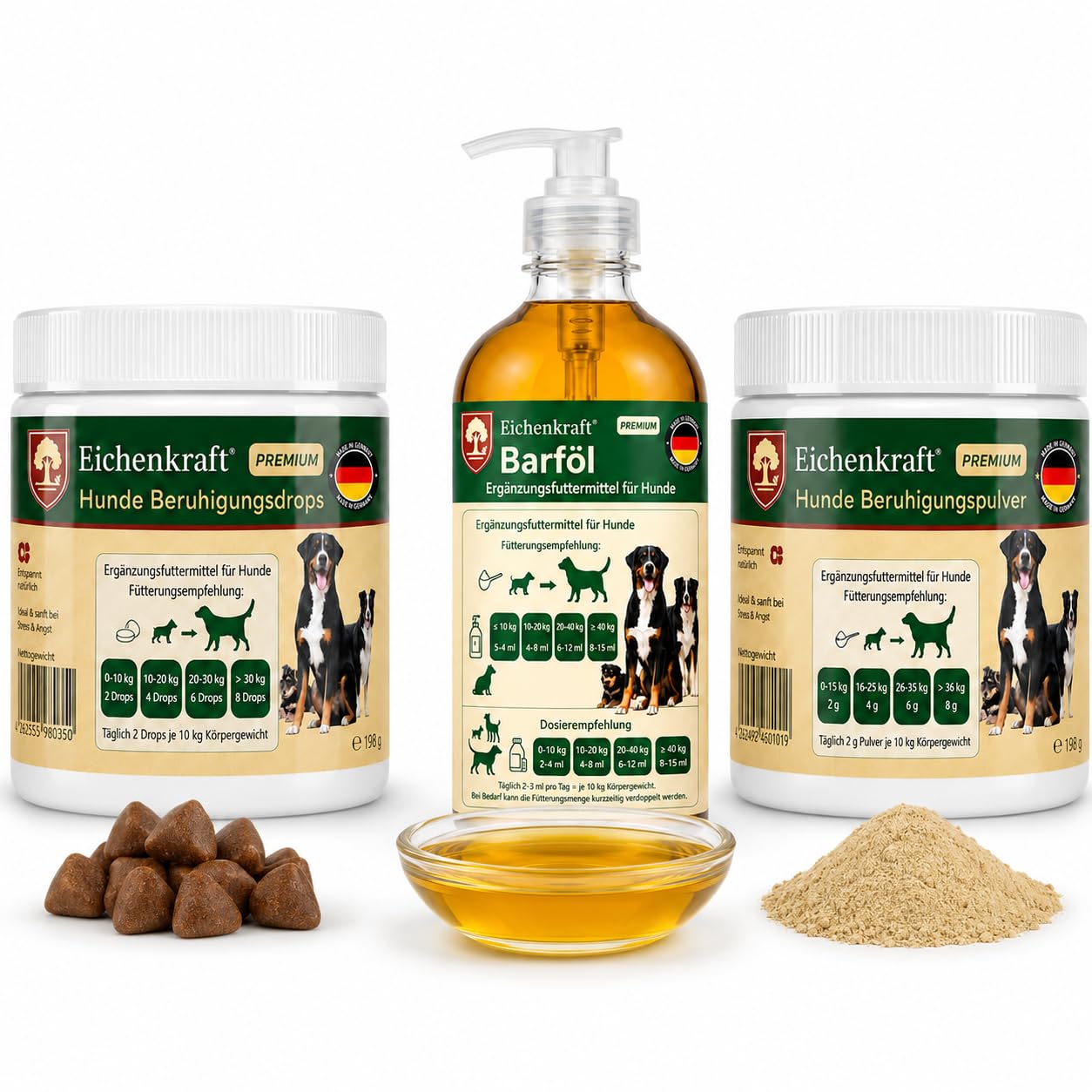 Beruhigungsmittel Hunde 3er Set Kausnacks Beruhigungspulver Lachsöl Barf Öl