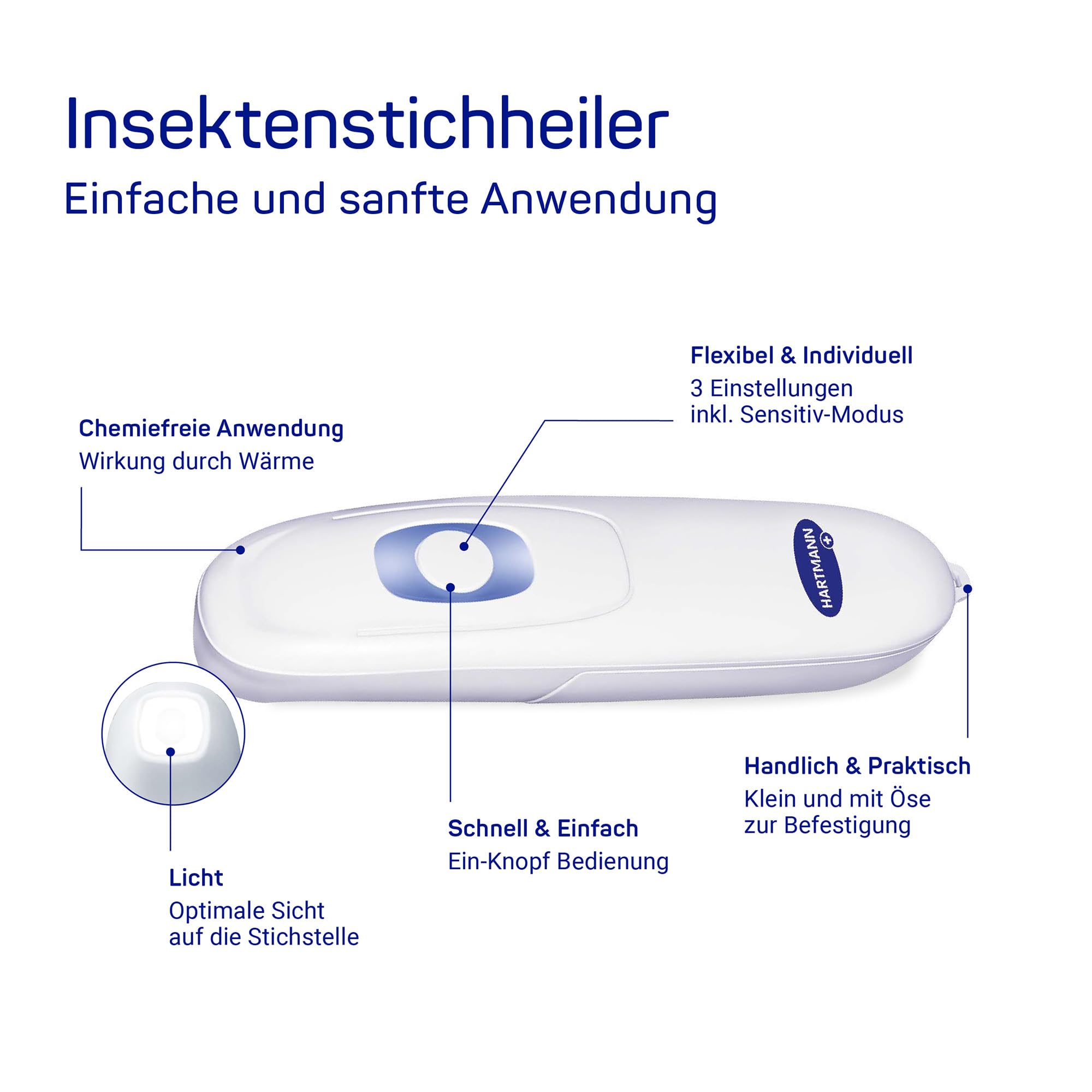 HARTMANN Insektenstichheiler – Lindert Juckreiz & Schwellungen nach Stichen | chemiefrei, 3 Intensitätsstufen, Sensitiv-Modus, mit Lichtfunktion, kompakt & ideal für Outdoor, Reisen & Camping