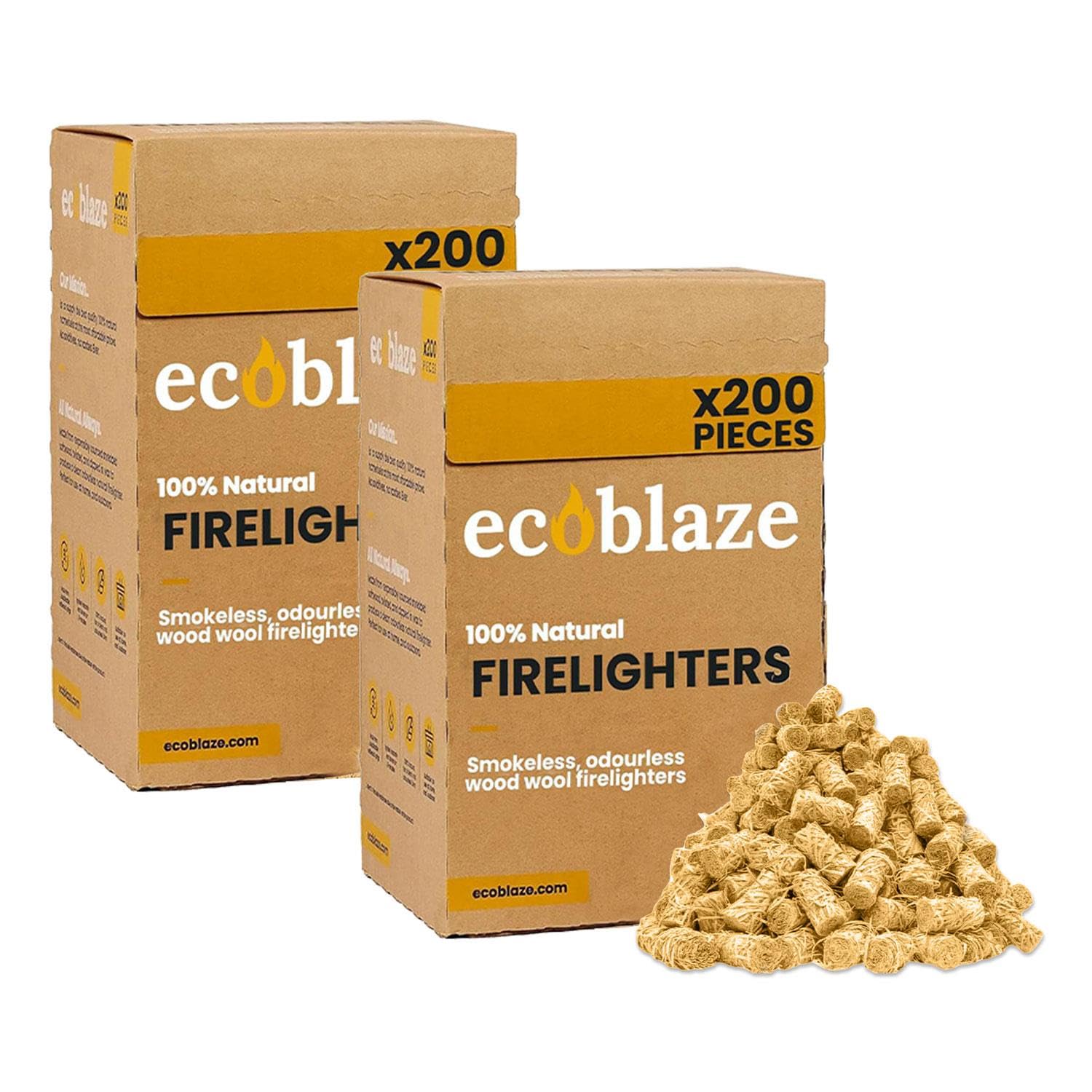 Ecoblaze Light Brown 400 Natural Firelighters | 2 X 200 Box | Long Burning, Fast Lighting, Odourless Wool Starters | Kindling Wood, Bbq Lighter Kit, Firestarter For Pizza Ovens, Log & Wood Burners, Fire Pits