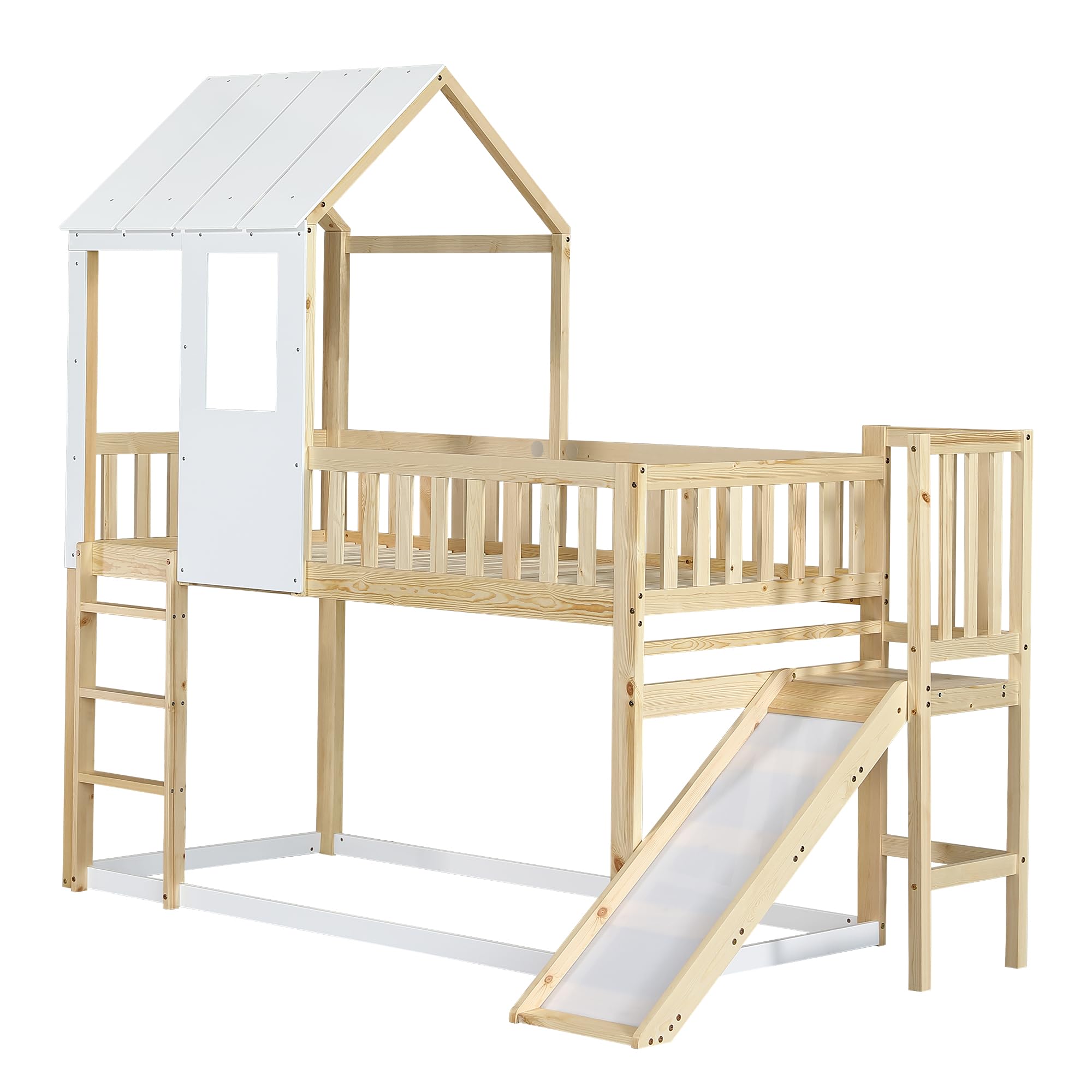 Litera con escalera rectangular y tobogán, cama de casa con techo y ventana, cuna con protección contra caídas y rejilla, marco de pino, natural + blanco (90x200 cm)