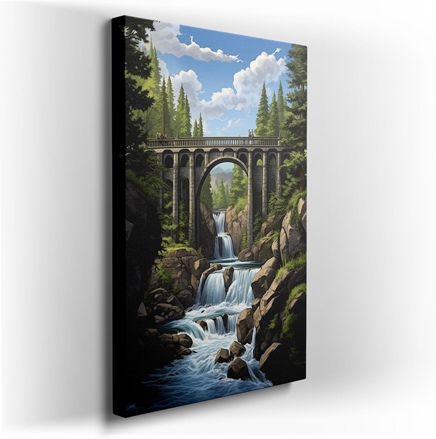Canvas for Living room. Tranquility Captured: The Serenity of a Stone Arch Bridge Over Rushing Waters, 27 x 18 inch Canvas Wall Art - Contemporary Masterpieces - Modern Home Decor