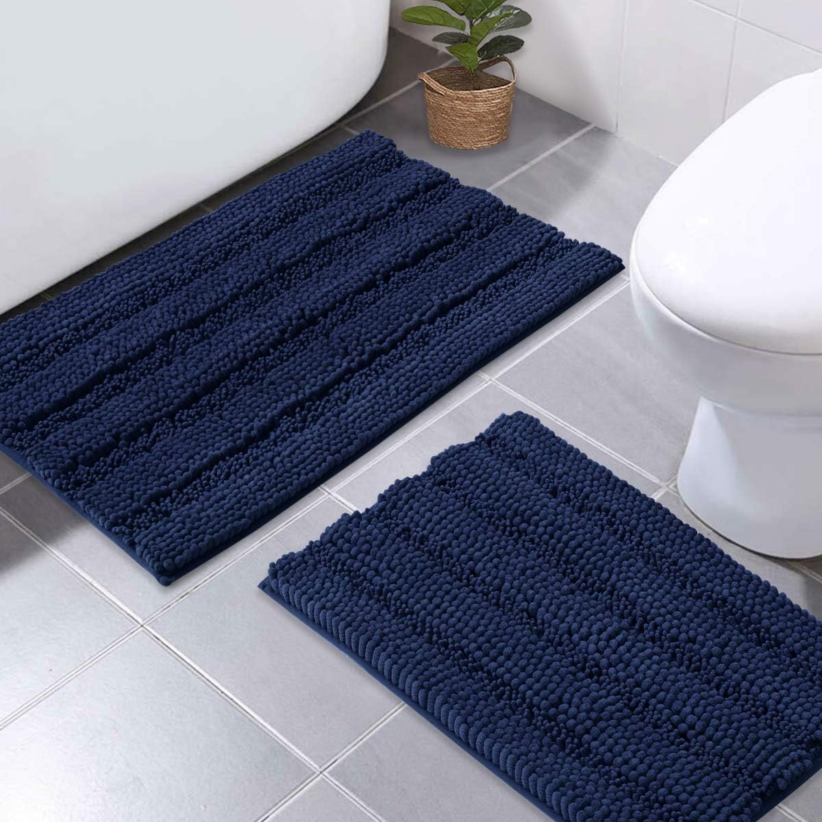 NICETOWN Navy Blue Chenille Plush Bathroom Rugs – 2 Pack