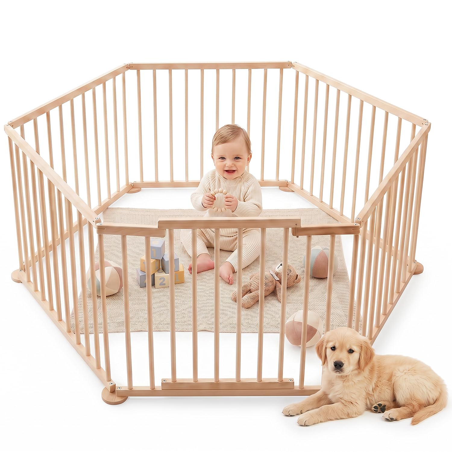 Laufstall Baby XXL Klappbar mit Tür, Laufgitter Baby inkl. 6 Elementen je 100 x 72 cm, Babygitter Holz Faltbar, Kinderlaufstall & Absperrgitter Für Innen- und Außenbereich