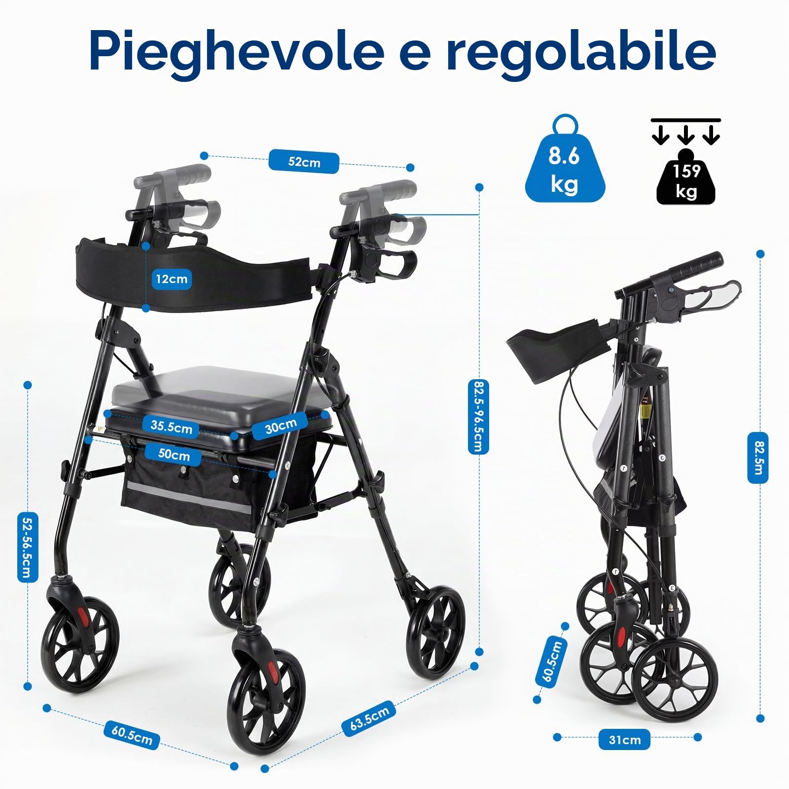 LIFERUN Deambulatore Pieghevole Deambulatori Leggeri Ausilio di Camminata | 4 Ruote per Anziani Sedile e Manico Regolabili in Altezza in 8 Posizioni Rollator con Spazio di Stoccaggio,Interno ed Esterno