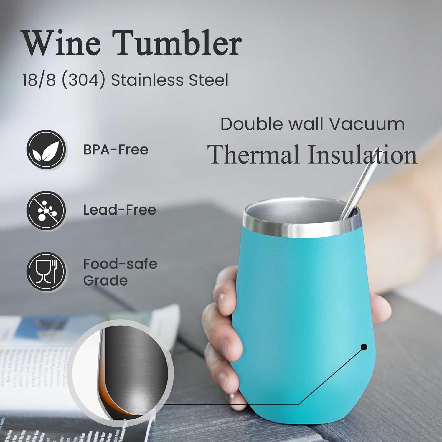 MEWAY 12oz Insulated Wine Tumbler with Lid and Straw - Double Wall Vacuum Stainless Steel Wine glass, Ideal for Travel and Office, Baby shower prizes for winners(Light Green,Set of 8) - Image 2