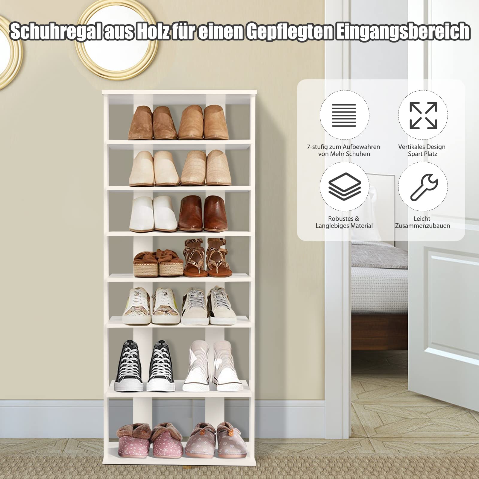 COSTWAY 8 stufiger Schuhständer höhenverstellbar, Platzsparendes Schuhregal aus Holz, Schuh-Organizer vertikal, Freistehender Eckregal für Eingang, Flur (Weiß, Doppel)