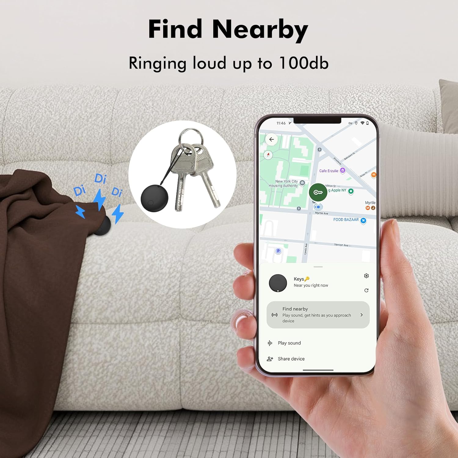 Smartphone screen showing the 'Find Nearby' feature with a map and a prompt to play sound, next to a Loshall Smart Finder attached to keys.