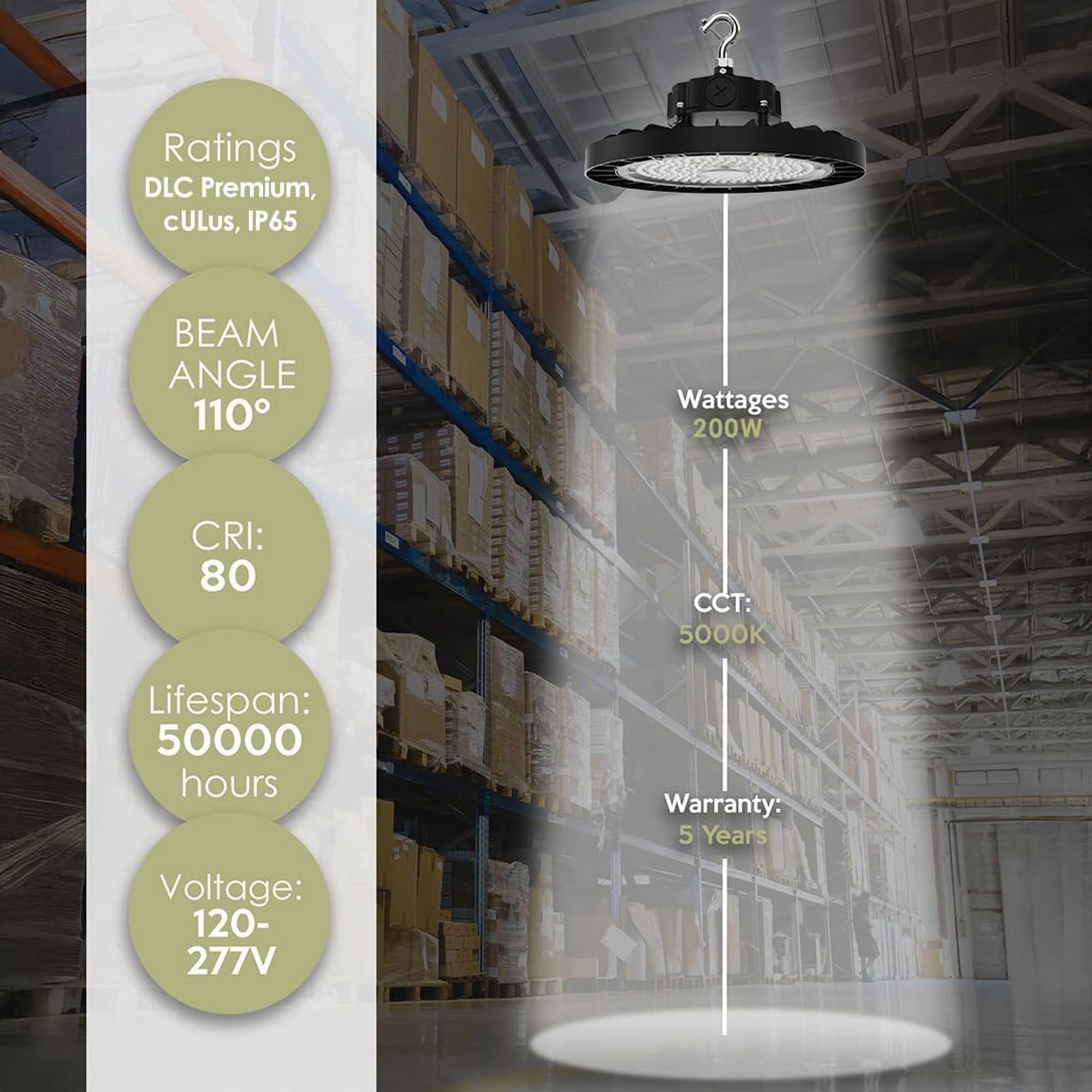 WareLight LED UFO High Bay Light 30 000 Lumen 200W 5000K Daylight Dimmable Commercial Ceiling Fixture 120 277V — view 3