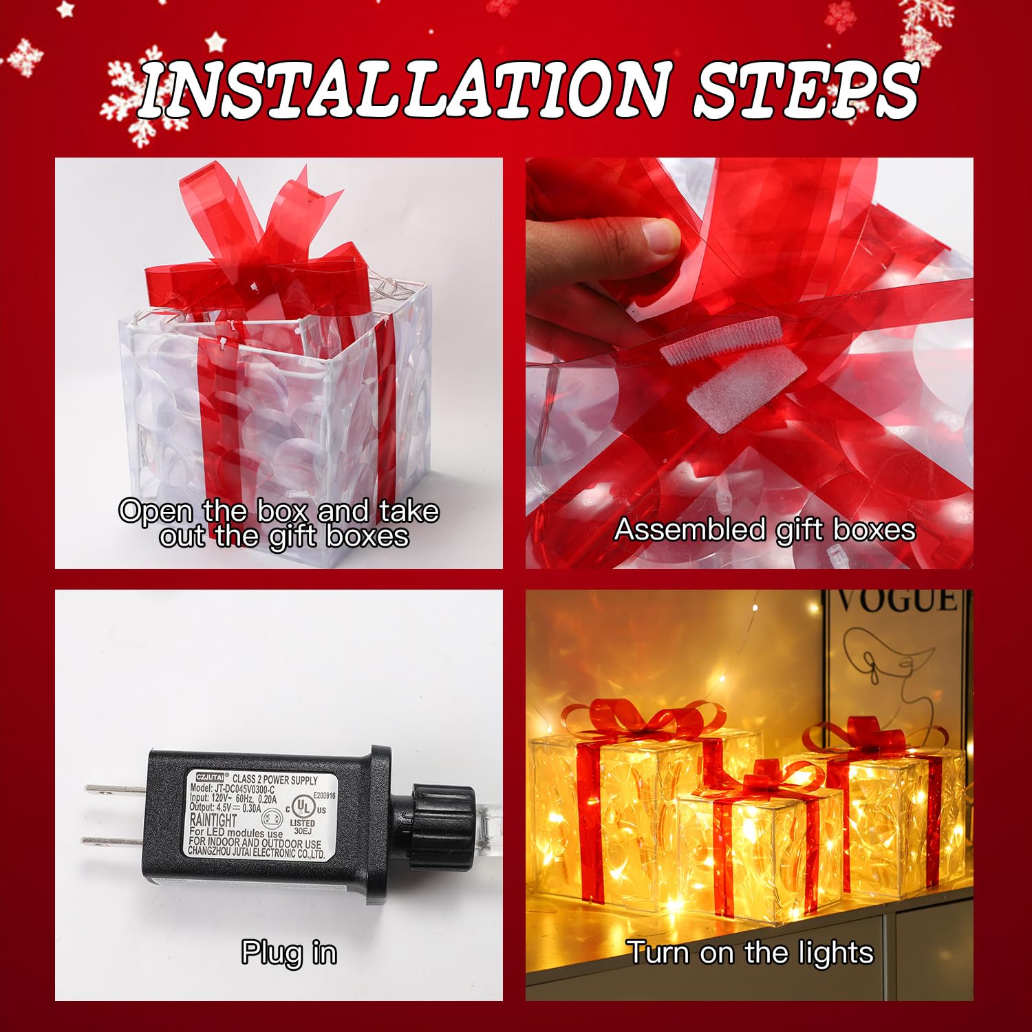 Cajas de regalo iluminadas de Navidad, juego de 3, regalos de oropel preiluminados con lazo, adorno de falda de árbol de Navidad iluminado, interior y exterior, enchufable (blanco cálido)