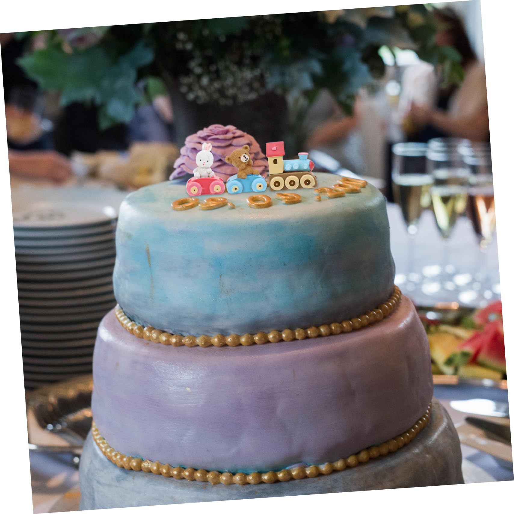 STOBAZA 3pièces Figurine De Décoration De Gâteau Résine Avec Ours Lapin Et Train Ornement De Bureau Mignon Pour Anniversaire Et
